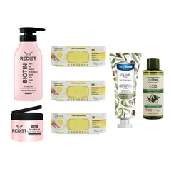 Gama cu Biotină + Șervețele multisuprafeţe bicarbonat, oțet și lămâie × 3 pachete + Șampon Eco Argan + Cremă mâini și corp cu ulei de măsline