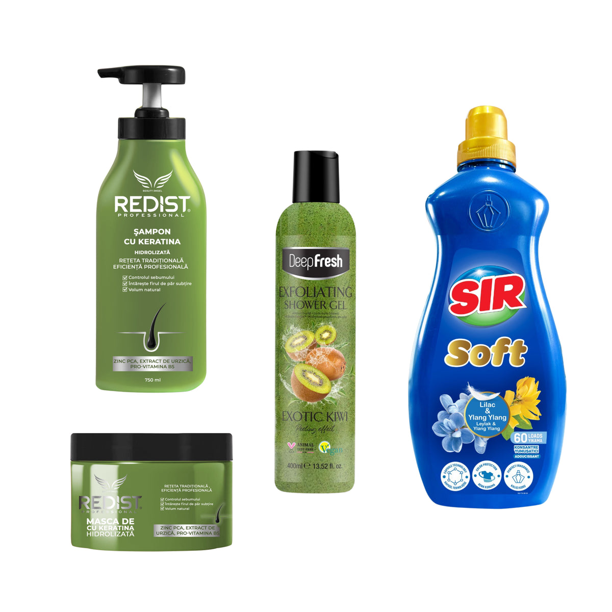 Gama Redist Keratina hidrolizată + Gel de duș exfoliant Exotic Kiwi + Balsam Rufe Liliac & Ylang Ylang