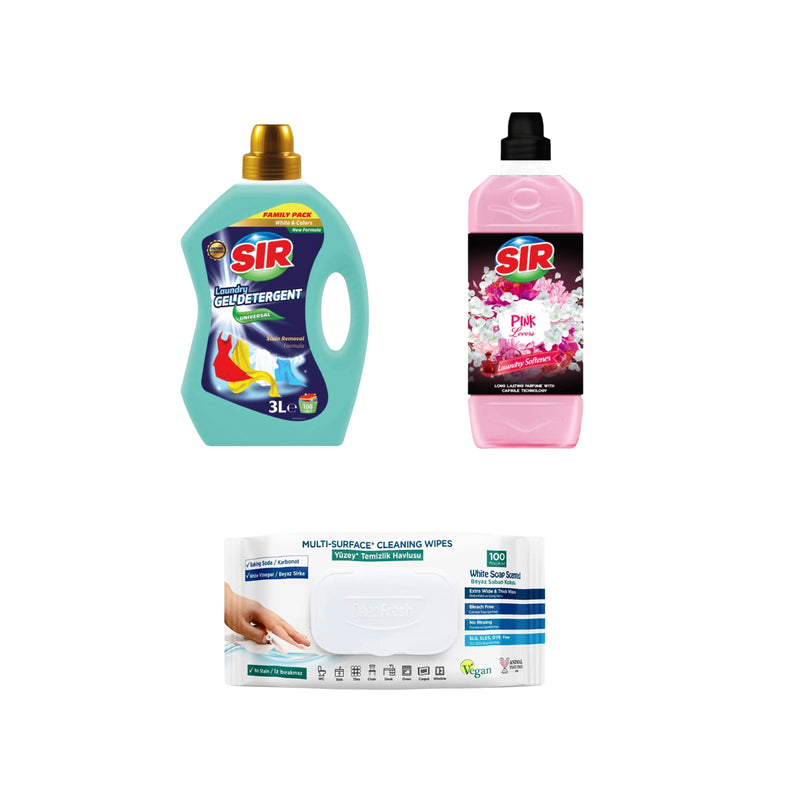 Detergent pentru haine albe și colorate Sir White & Colors 3 Litri + Balsam pentru rufe Pink Lovers 2 Litri + Şerveţele umede pentru multi suprafeţe cu bicarbonat şi oțet Deep Fresh 100 de bucăți