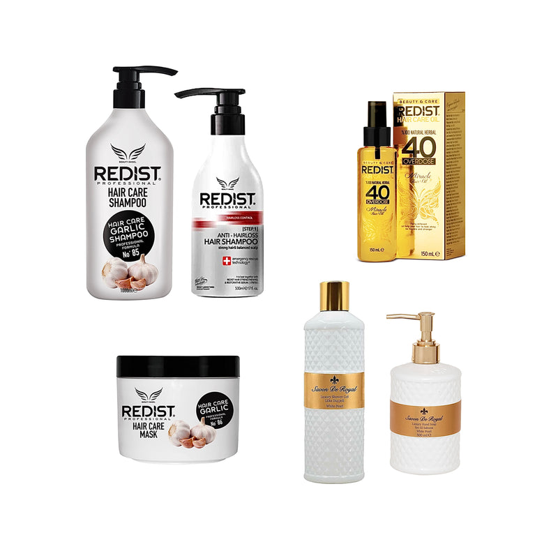 Sampon Impotriva Caderii Parului Redist 500 ml + Șampon profesional cu extract de usturoi Redist 1000 ml + Masca  cu usturoi Redist + Ulei tratament pentru par Miracle Oils 40 Overdose Redist 150 ml + Gel de duș și sapun lichid Savon de Royal White Pearl