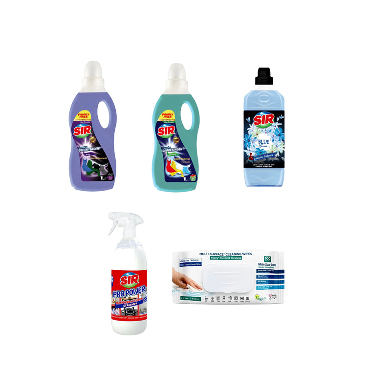 Detergent haine albe și colorate Sir White & Colors 1000 ml + Detergent haine negre Sir Black 1000 ml + Soluţie ȋndepartare pete multi suprafeţe Sir Pro Power 1000 ml + Şerveţele umede cu bicarbonat şi oțet DeepFresh 100 buc + Balsam de rufe Sir Blue 2L