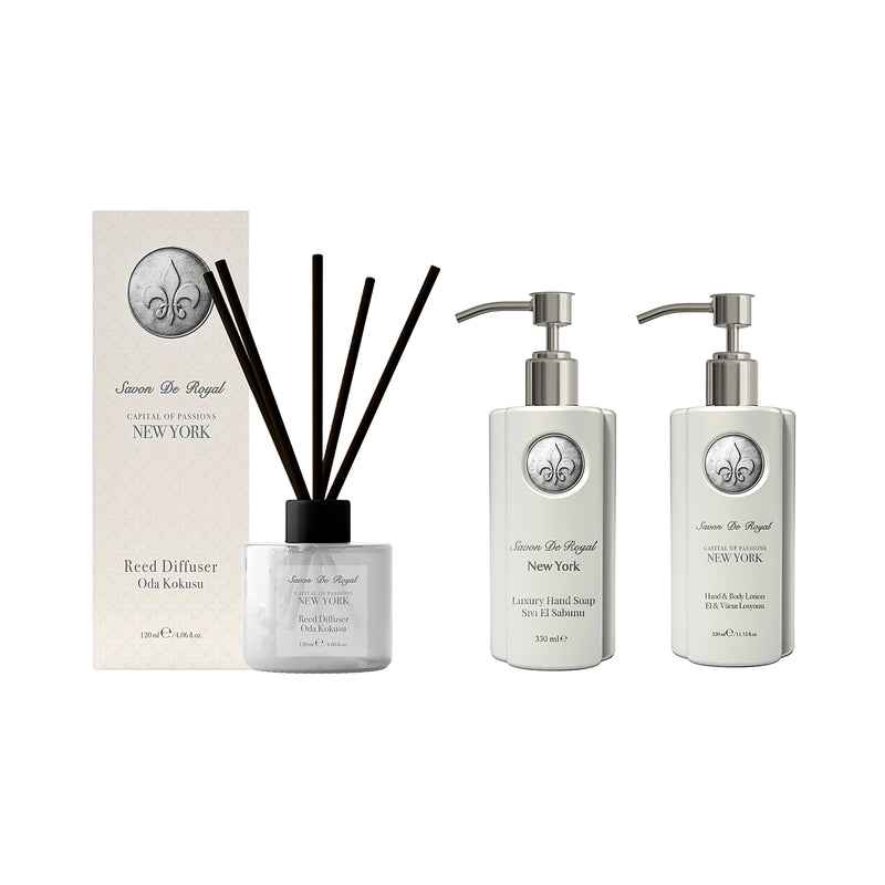 Gama Luxury Savon de Royal New York : Odorizant de cameră cu bețe 120 ml + Sapun lichid pentru mâini 330 ml + Loțiune de mâini și corp 330 ml