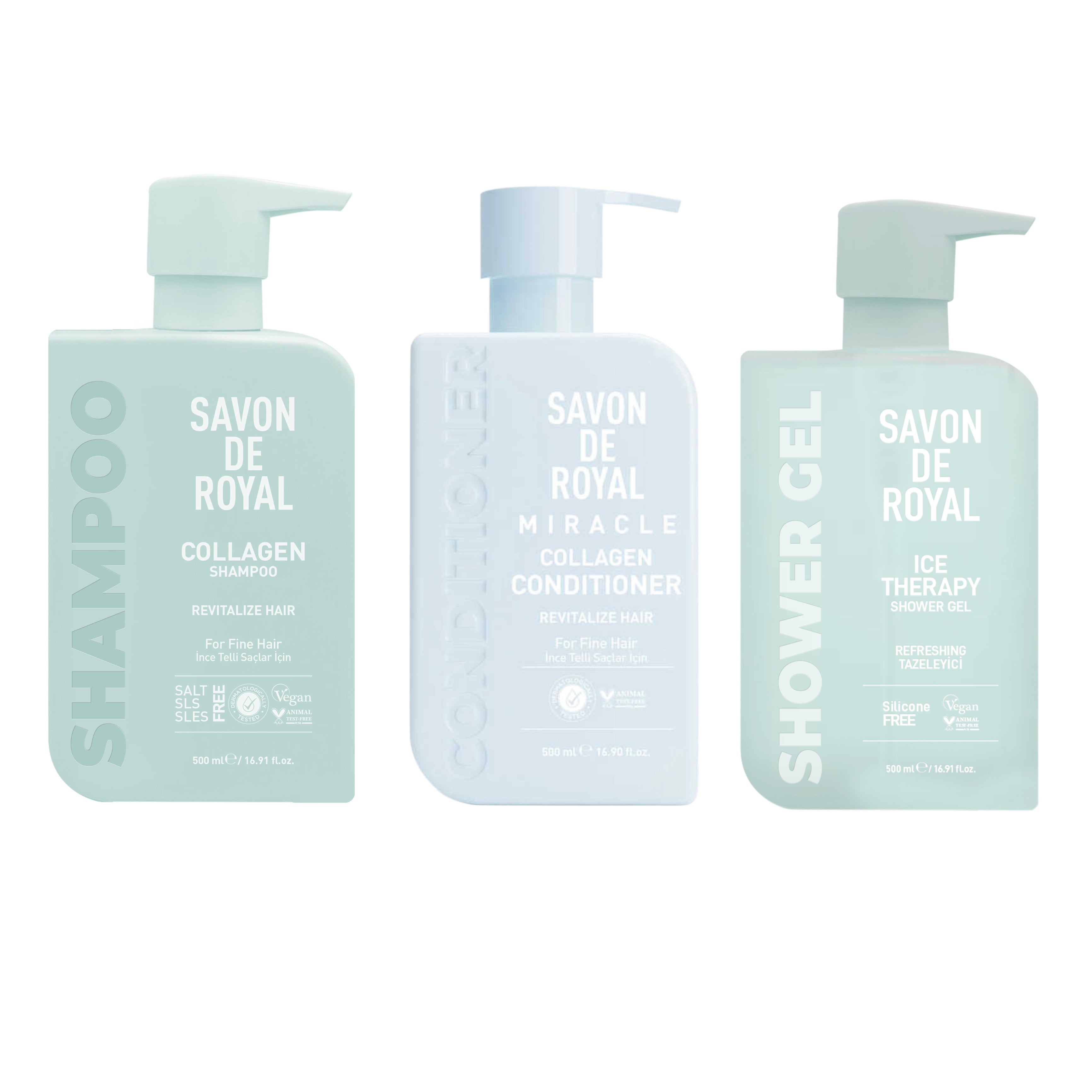 Nou: Pachet Savon de Royal Miracle Collagen Șampon + Balsam + Gel de duș Ice Therapy