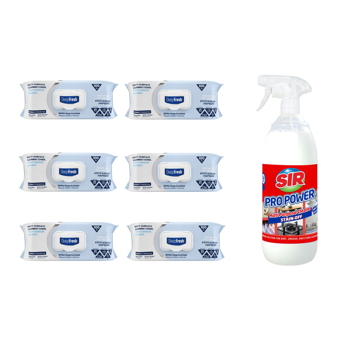 Pachet 6 șervețele Clasice Odor-Lock technology Deep Fresh + Soluţie pentru ȋndepartarea petelor multi suprafeţe Sir Pro Power