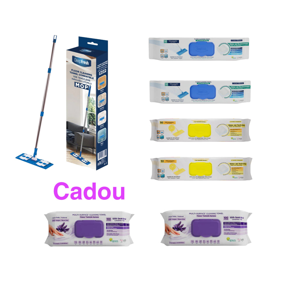 Mop + Șervețele mop bicarbonat si oțet 50 buc × 2 pachete + Șervețele mop cu lămâie , bicarbonat si otet 50 buc x 2 pachete + Şerveţele pentru multi suprafeţe lavandă , bicarbonat şi oțet Deep Fresh 100 de bucăți × 2 pachete ( 1 pachet + 1 pachet Cadou ) - Redist