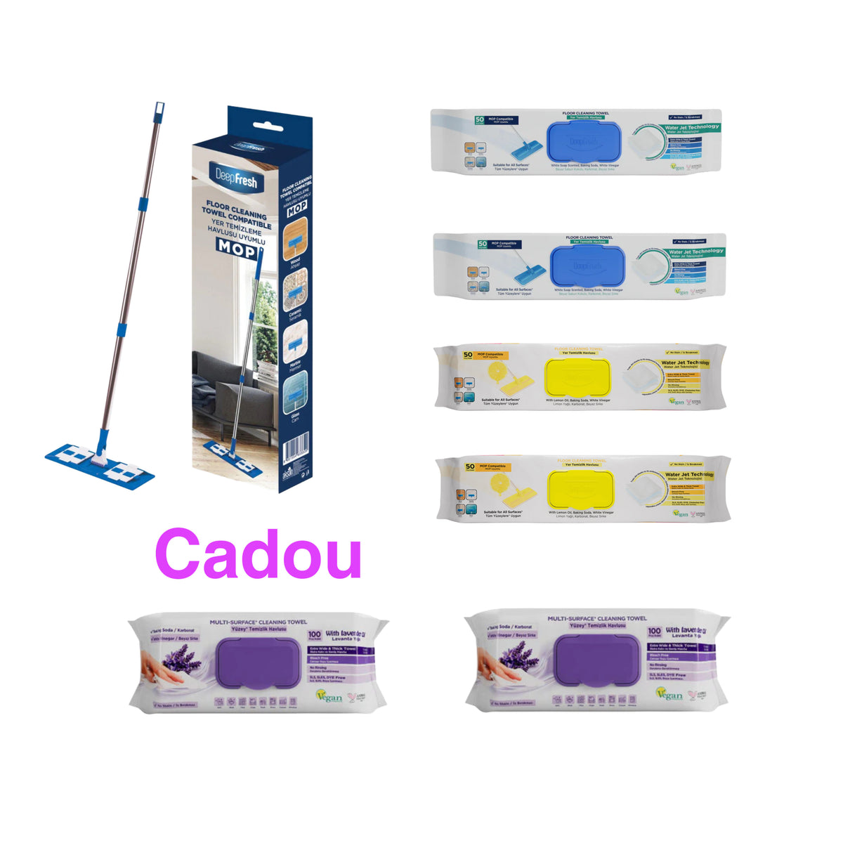 Mop + Șervețele mop bicarbonat si oțet 50 buc × 2 pachete + Șervețele mop cu lămâie , bicarbonat si otet 50 buc x 2 pachete + Şerveţele pentru multi suprafeţe lavandă , bicarbonat şi oțet Deep Fresh 100 de bucăți × 2 pachete ( 1 pachet + 1 pachet Cadou ) - Redist