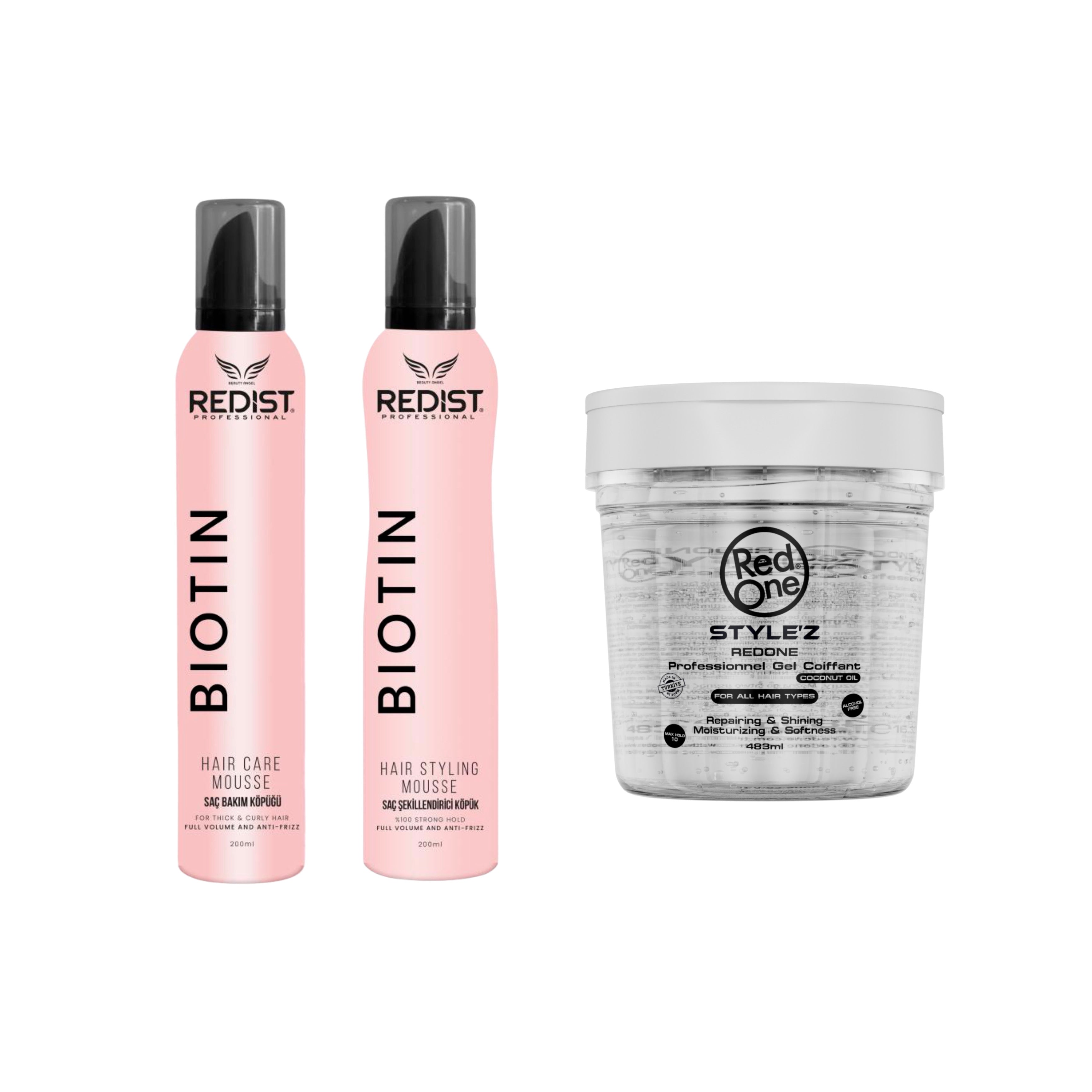 Hair Care Mousse BIOTIN Redist 200 ml + Hair Styling Mousse Biotin Redist 200 ml + CADOU : Gel de păr cu ulei de cocos Redone