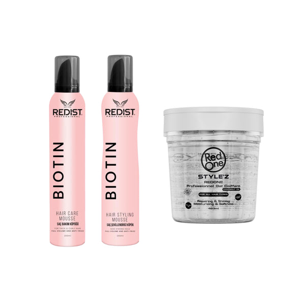 Hair Care Mousse BIOTIN Redist 200 ml + Hair Styling Mousse Biotin Redist 200 ml + CADOU : Gel de păr cu ulei de cocos Redone