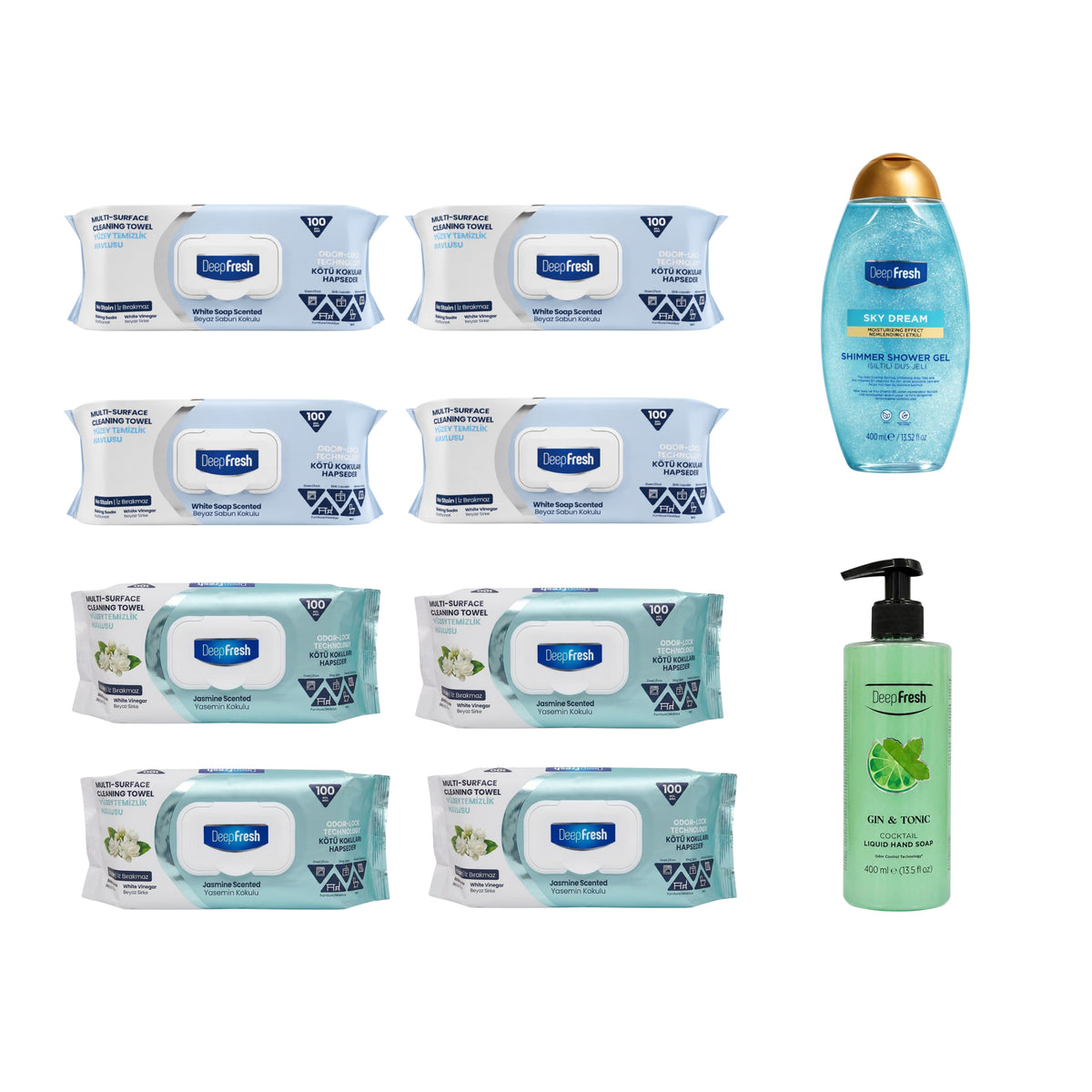 Mix & Mach : 4 x Șervețelele Deep Fresh Iasomie + 4 x Clasic Odor Lock + Gel de duș cu sclipici Deep Fresh Sky + Sapun lichid Gin Tonic