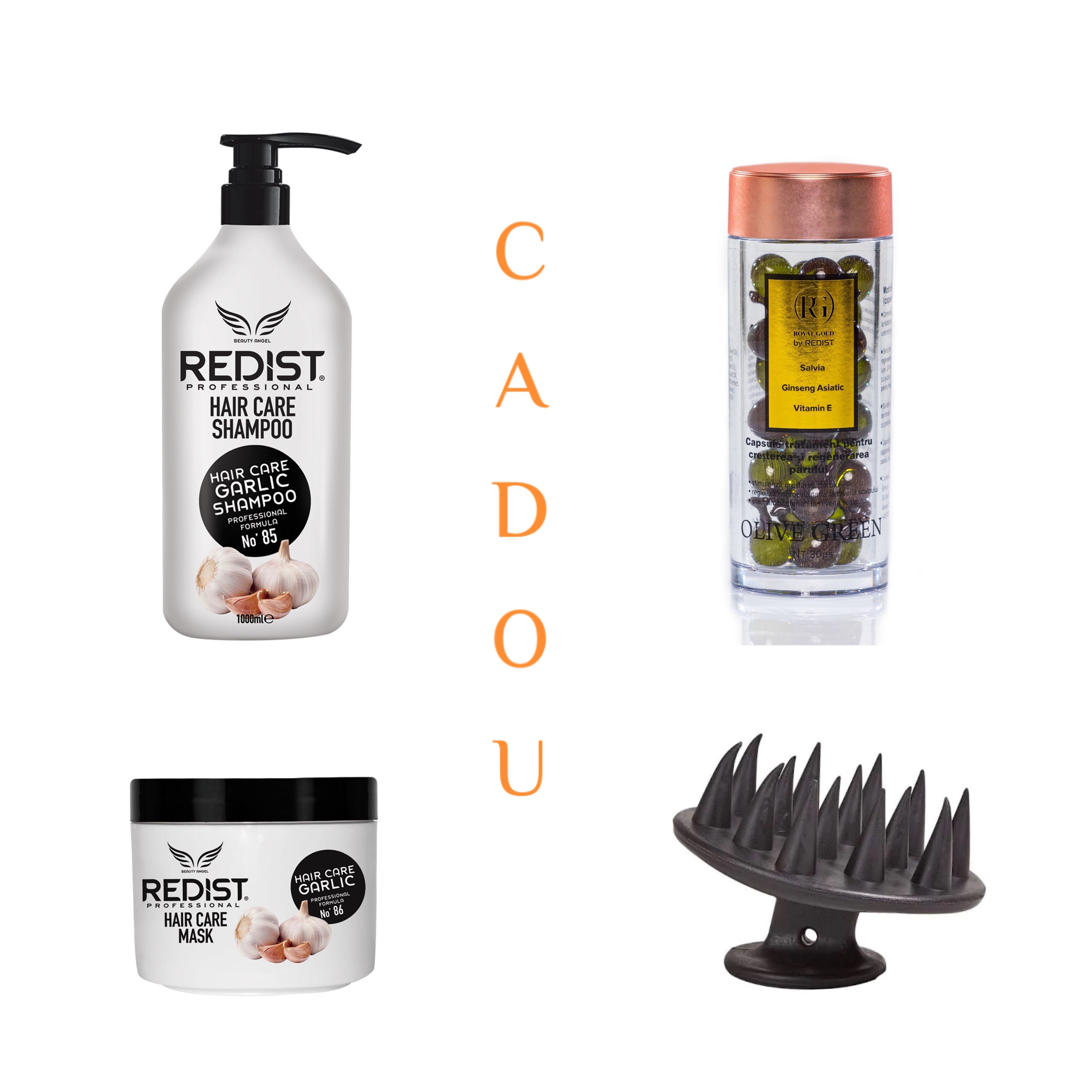 Pachet pentru cresterea si regenerarea parului 1000 ml + Masca usturoi 475 ml + Capsule ser tratament cu salvie + Perie pentru masaj scalp - Redist