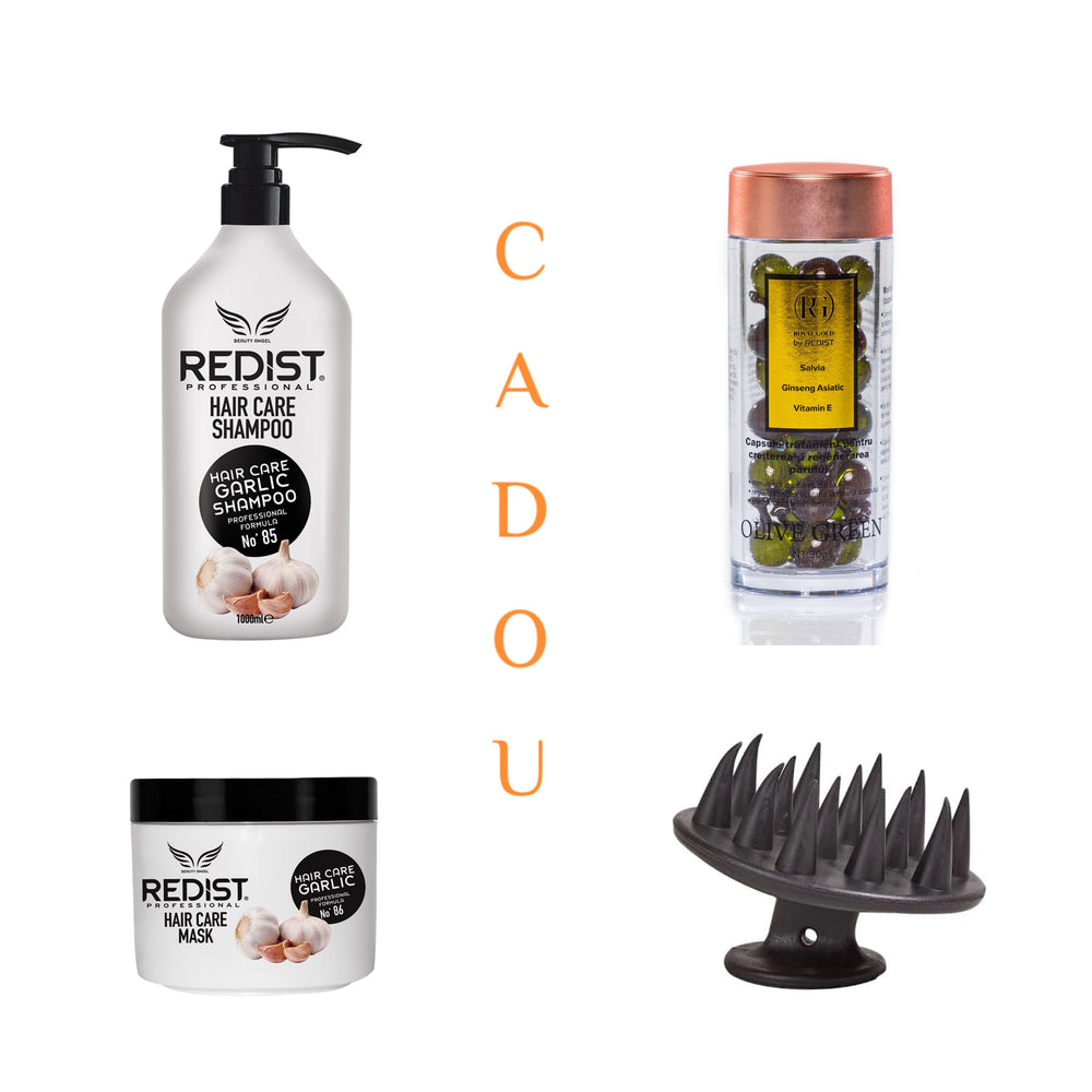 Pachet pentru cresterea si regenerarea parului 1000 ml + Masca usturoi 475 ml + Capsule ser tratament cu salvie + Perie pentru masaj scalp - Redist