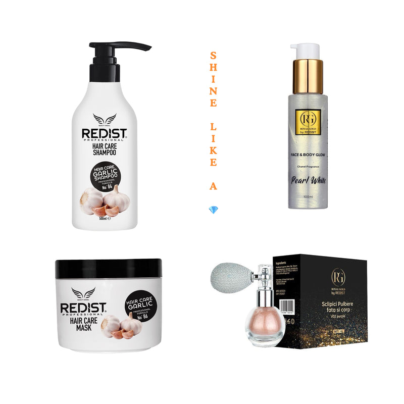 Sampon cu usturoi pentru regenerarea și creșterea parului Redist 500 ml+Masca profesionala cu usturoi pentru regenerarea parului Redist 475 ml+ Face and Body Glow Pearl White 80 ml+Sclipici pulbere pentru fata si corp Royal Gold by Redist #02 purple 4g