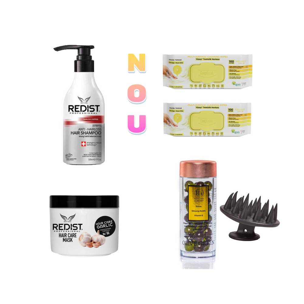 Pachet profesional împotriva căderii părului, creștere și regenerare: Sampon Impotriva Caderii Parului Redist 500 ml + Masca cu usturoi Redist + Capsule ser tratament scalp cu Salvie 30 buc+ Perie pentru scalp + Şerveţele cu lămâie si bicarbonat 2 pachete - Redist