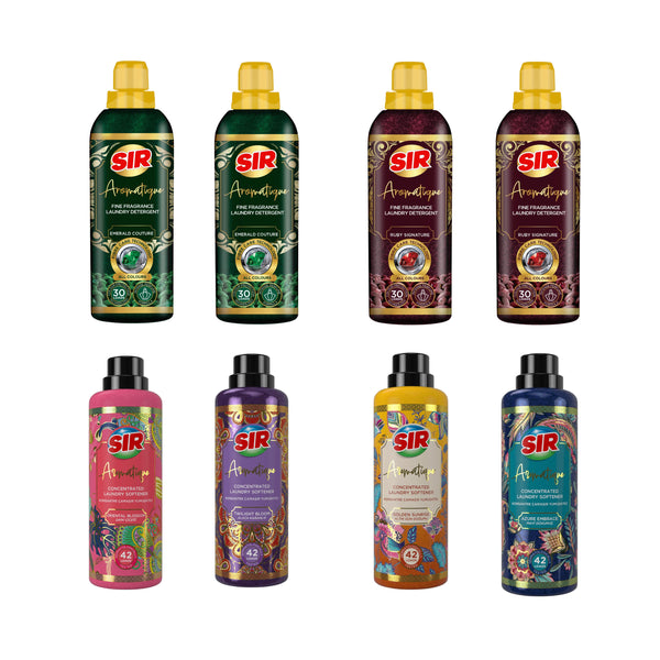Nou: Colectia SIR Aromatique: 4× Detergent rufe + 4 x Balsam de rufe SIR Aromatique Concentrat