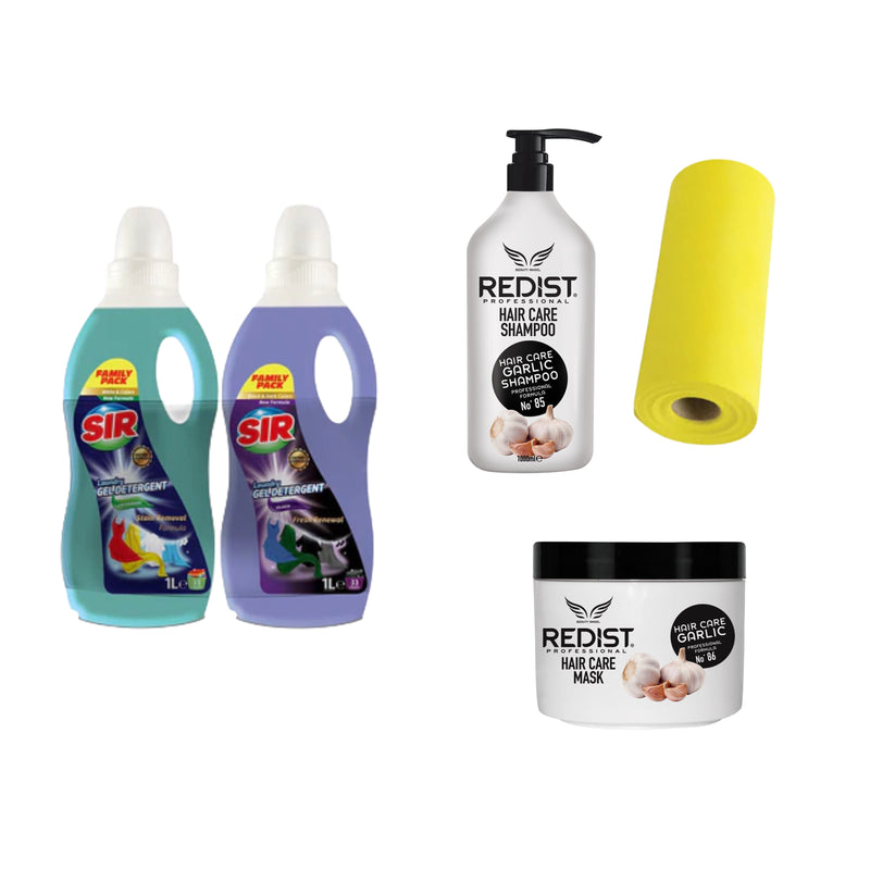 Samponul cu usturoi 1000 ml + Masca cu usturoi + Detergent pentru haine albe și colorate Sir White & Colors 1000 ml + Detergent pentru haine negre Sir Black 1000 ml + Cadou : Lavete la rola din microfibră
