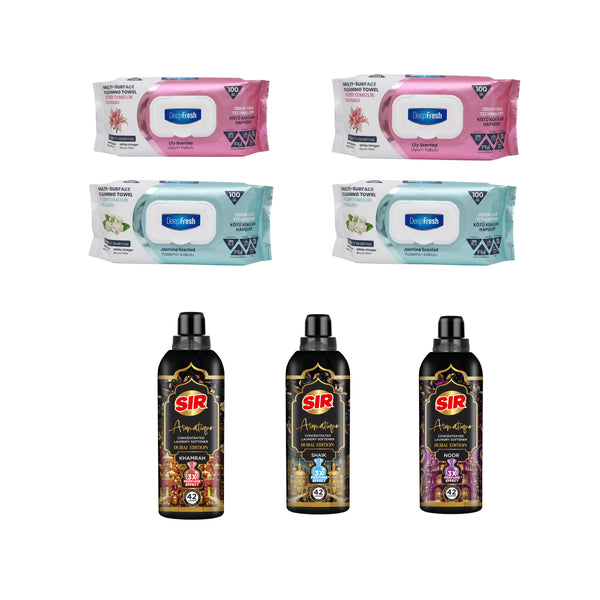 Kit balsam rufe Dubai Edition - Shaik, Noor, Khamrah + 2 x Șervețele Odor Lock Technology Iasomie + 2 x Șervețele Crini Deep Fresh