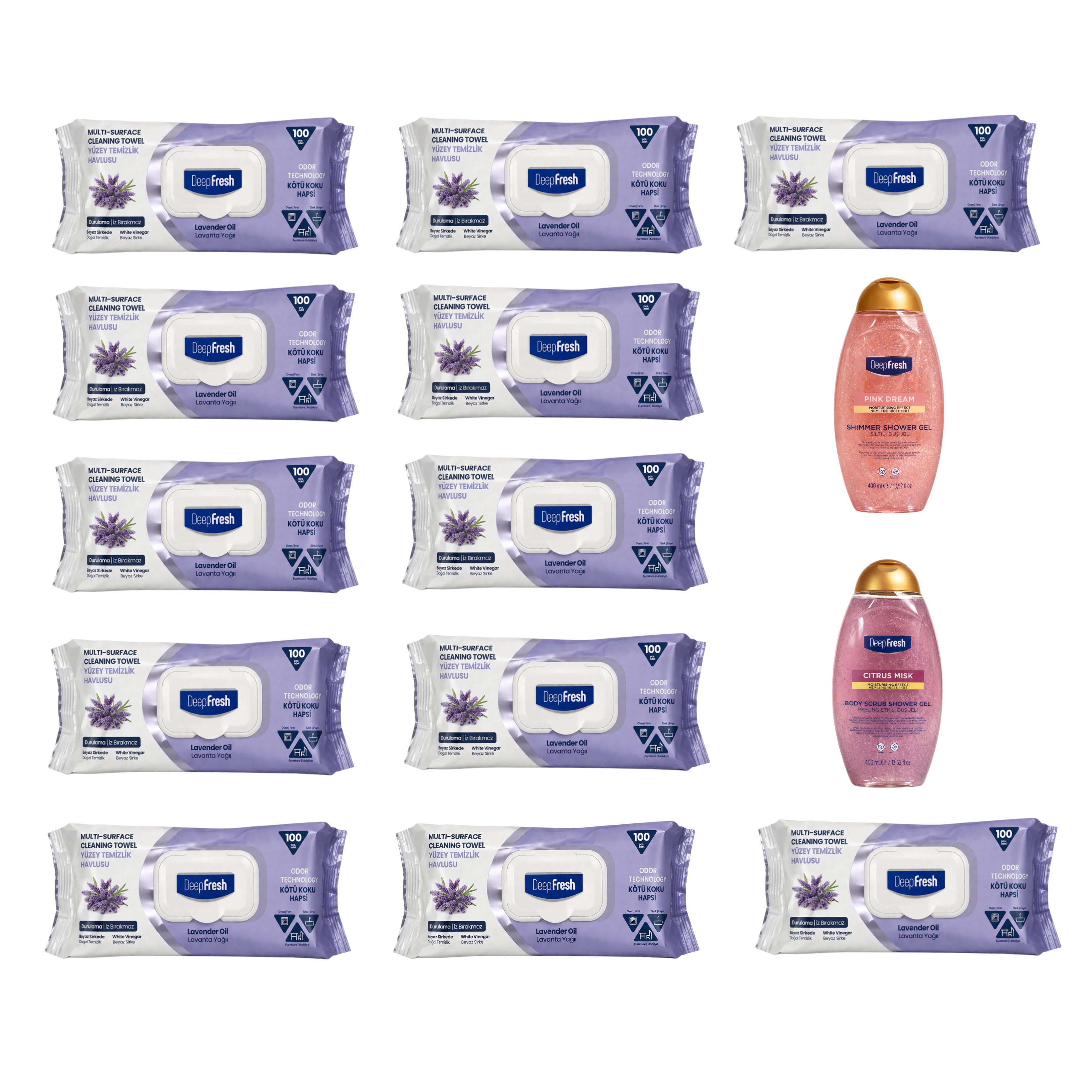 Pachet Dani10: 12 șervețele Lavanda Deep Fresh Odor Lock + Cadou 2 x Geluri de duș Pink Dream și Citrus Mist
