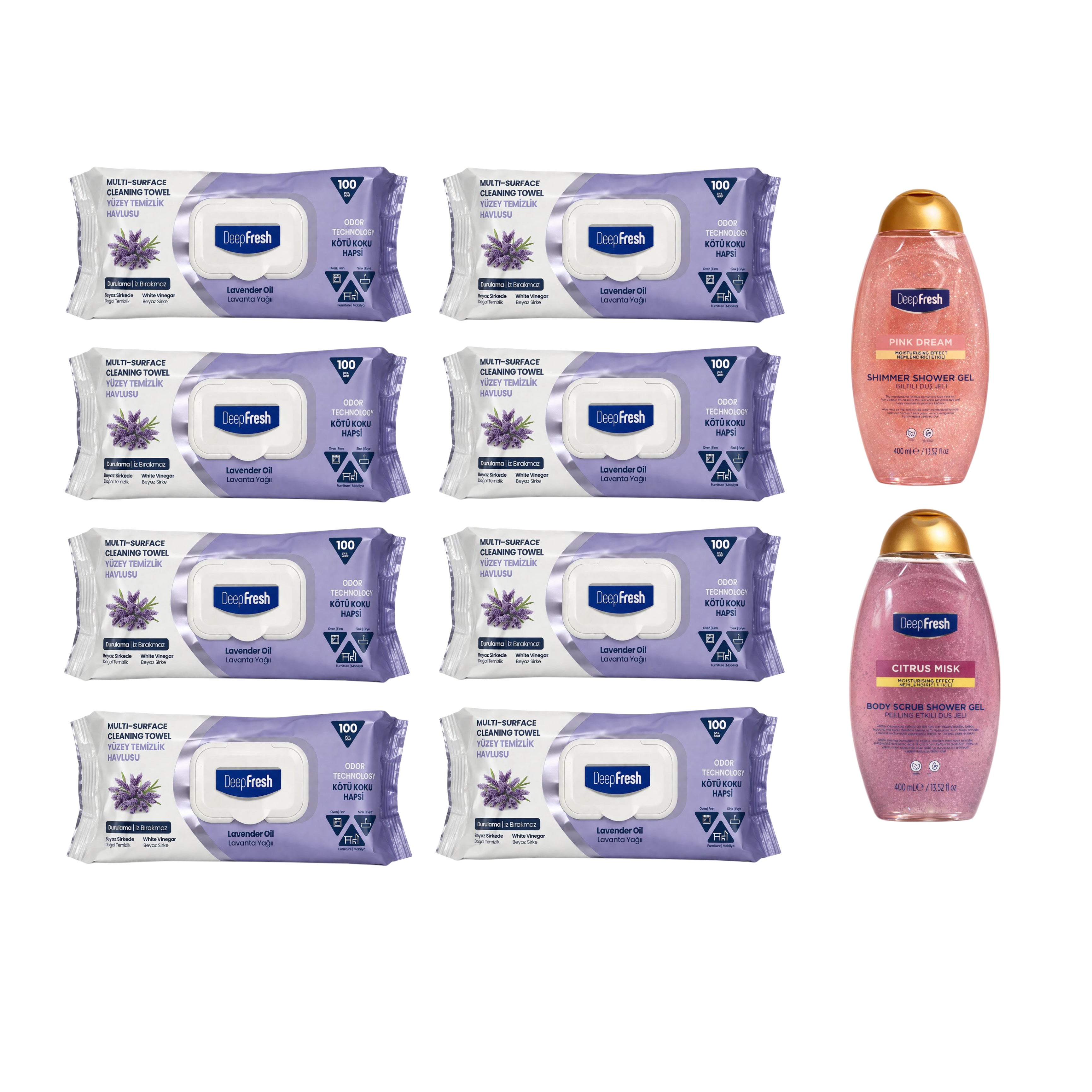 Pachet 8 x Șervețele lavandă Deep Fresh Odor Lock + Cadou 2 x Gel de duș Pink Dream și Citrus Mist