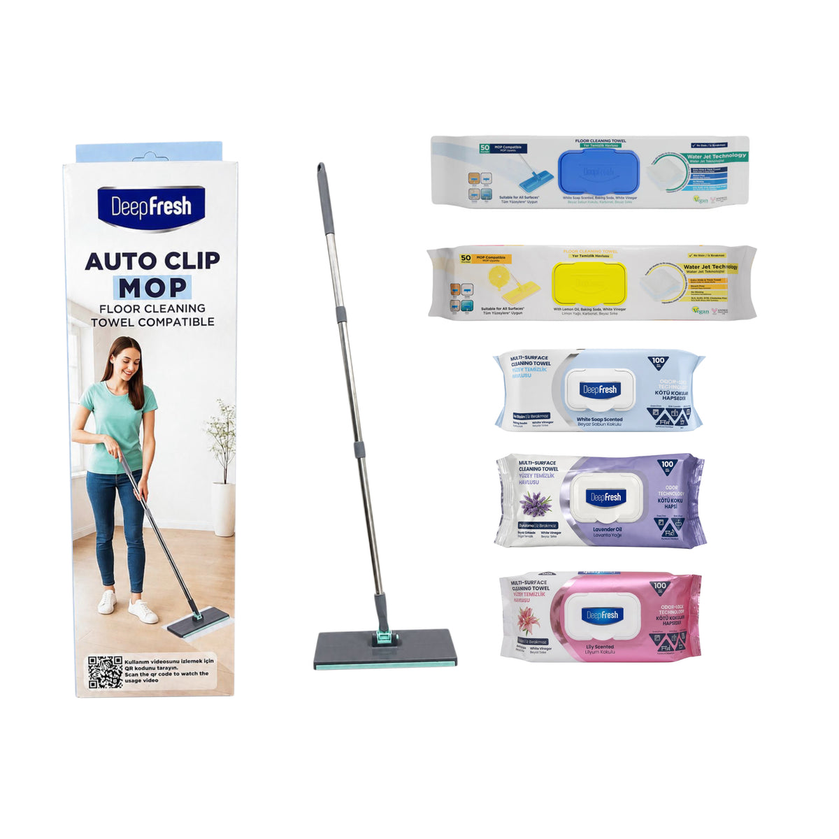 Kit curățenie: Mop cu click Deep Fresh + 2 x rezervă mop lămâie și clasic + 3 x șervețele multisuprafețe Odor Lock: clasic, lavandă și crini