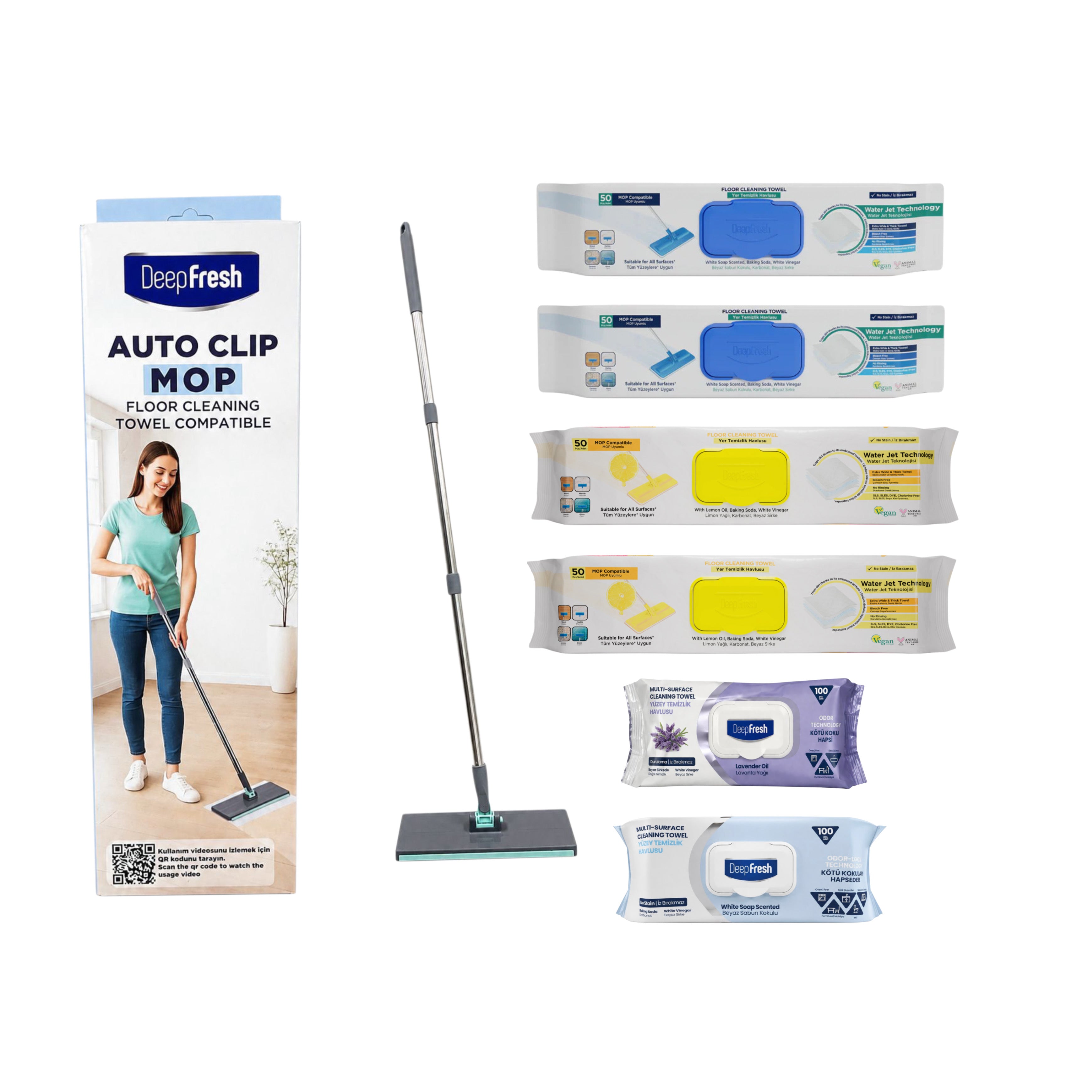 Kit curățenie: Mop cu click Deep Fresh + 2 x rezervă mop lămâie și clasic + 3 x șervețele multisuprafețe Odor Lock: clasic și lavandă