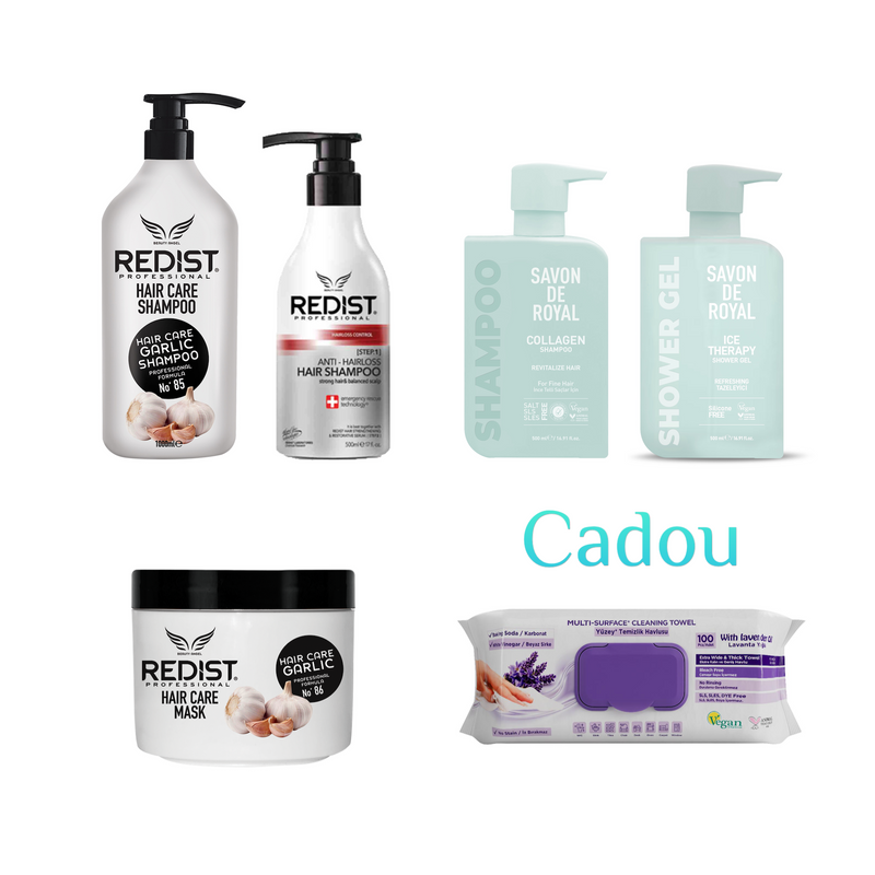 Sampon cu usturoi 1000 ml + Masca cu usturoi + Sampon Anti Hair Loss Redist 500 ml + CADOU: Şerveţele umede multi suprafeţe cu lavandă , bicarbonat şi oțet DeepFresh 100 de bucăți + Savon de Royal Collagen Shampoo 500 ml + Gel de duș Savon de Royal 500 ml