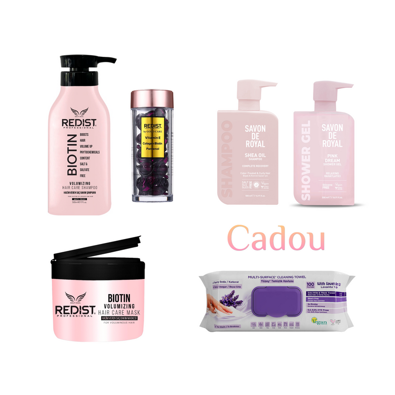 Sampon cu Biotina Redist pentru volum 500 ml + Masca de par cu Biotina 250 ml + Capsule pentru par Biotina Purple Redist 30 buc + CADOU: Savon de Royal Shea Oil Shampoo 500 ml + Gel de duș Savon de Royal Pink Dream 500 ml +Şerveţele multisuprafeţe lavandă