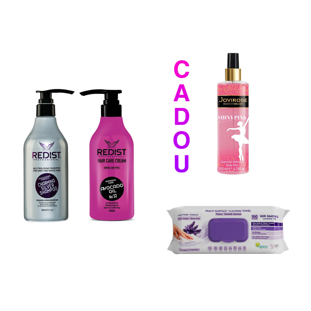 Sampon nuantator Silver Redist 500 ml + Balsam de par profesional cu Ulei de Avocado Redist 500 ml + CADOU : Body mist Shiny Pink Desire 200 ml + Şerveţele umede pentru multi suprafeţe cu lavandă , bicarbonat şi oțet Deep Fresh 100 de bucăți - Redist