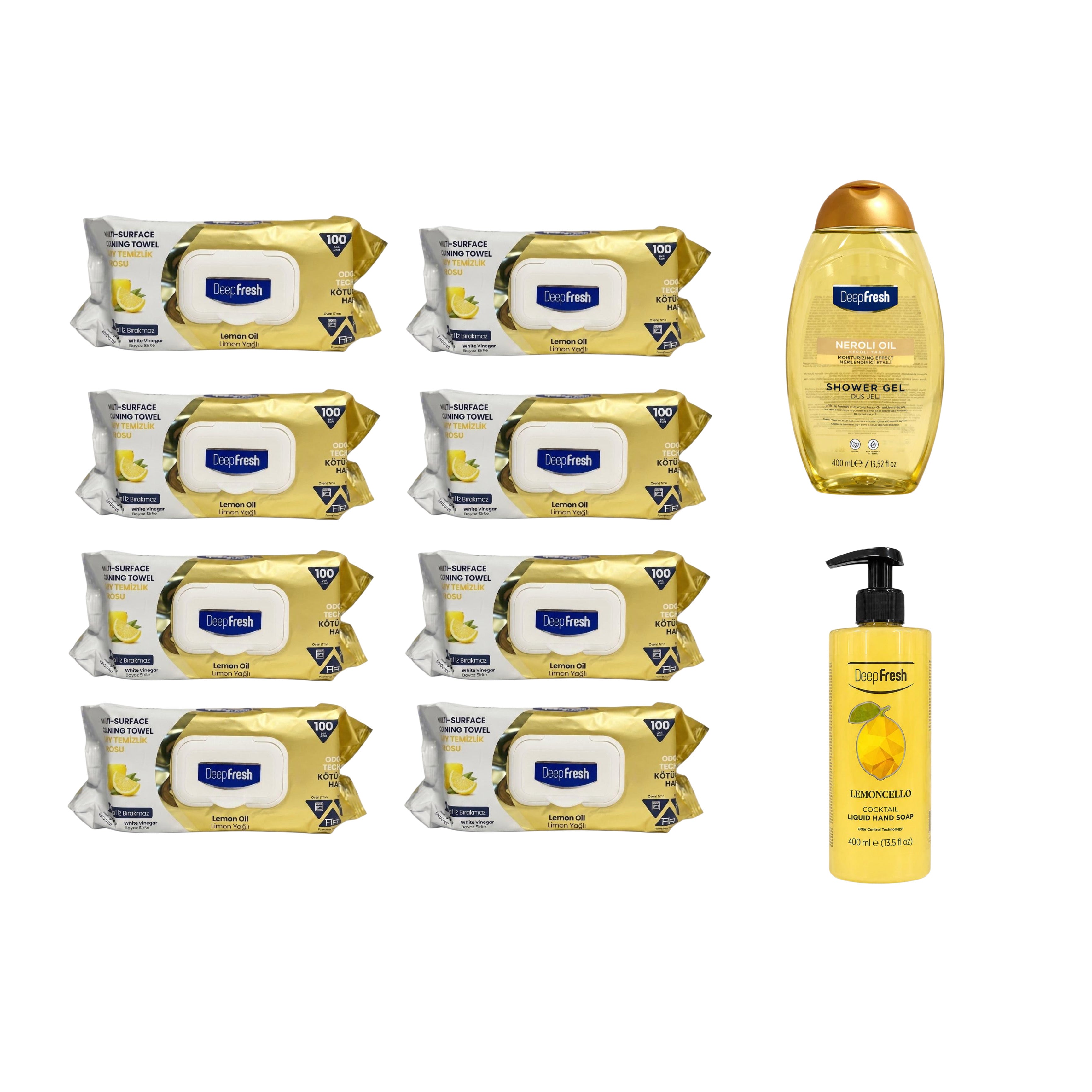 Şerveţele umede pentru multi suprafeţe cu Lămâie, bicarbonat şi oțet Deep Fresh Odor Lock Technology 100 de bucăți x 8 pachete + Gel de duș Neroli Oil + Săpun Lemoncello Cocktail