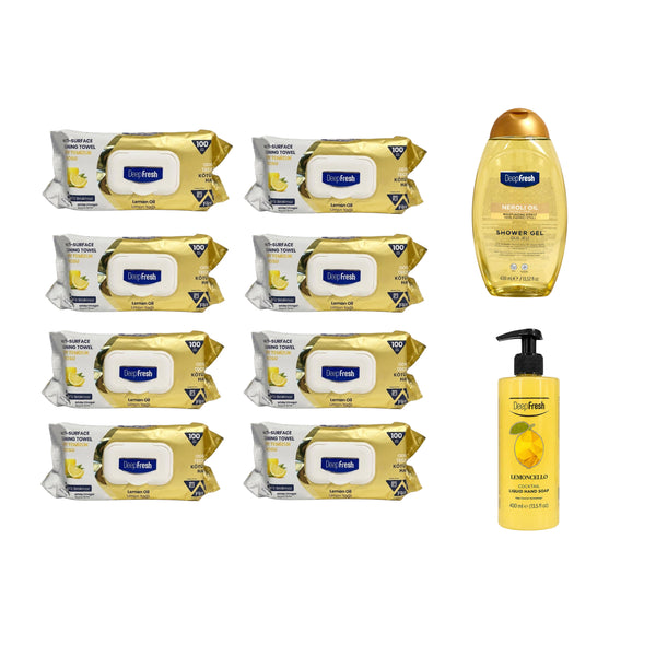 Şerveţele umede pentru multi suprafeţe cu Lămâie, bicarbonat şi oțet Deep Fresh Odor Lock Technology 100 de bucăți x 8 pachete + Gel de duș Neroli Oil + Săpun Lemoncello Cocktail