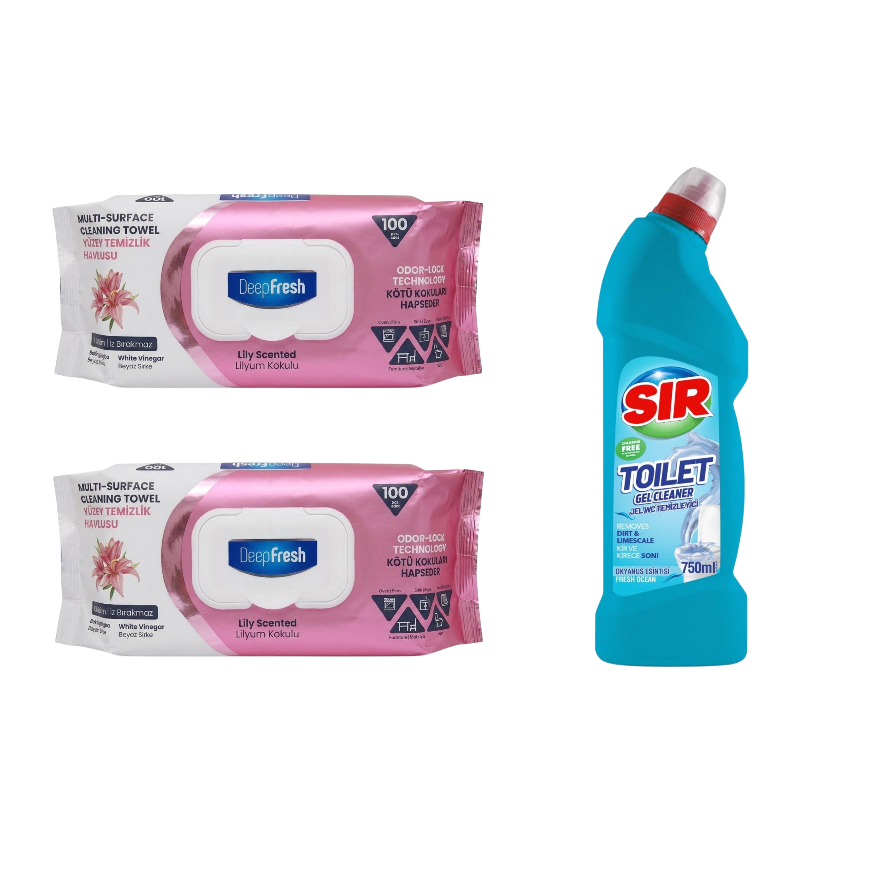 Şerveţele umede pentru multi suprafeţe Crini , bicarbonat şi oțet Deep Fresh Odor Lock Technology 100 de bucăți x 2 pachete  + Soluție gel de curățare pentru vasul de toaletă Sir Fresh Ocean