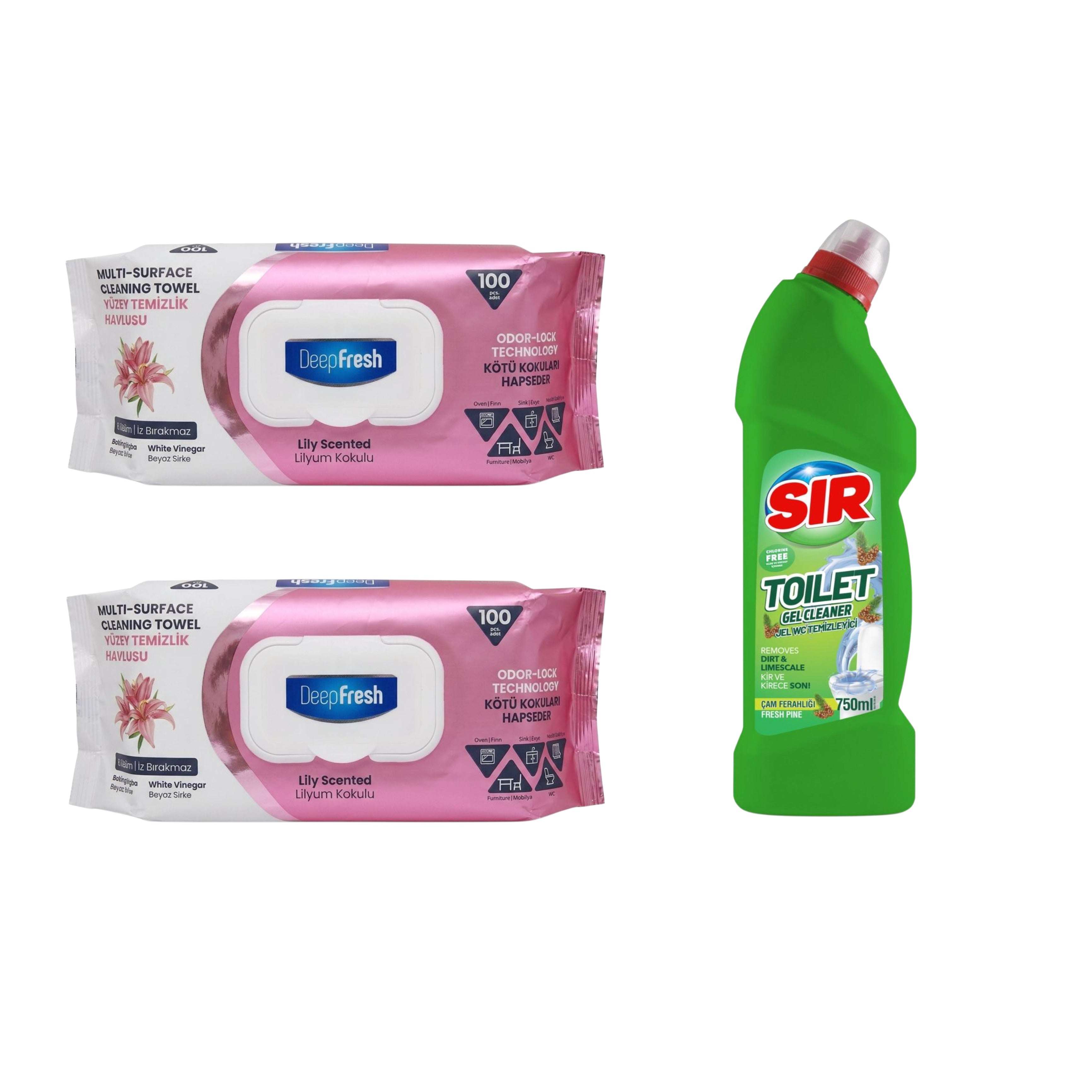 Şerveţele umede pentru multi suprafeţe Crini , bicarbonat şi oțet Deep Fresh Odor Lock Technology 100 de bucăți x 2 pachete + Soluție gel de curățare pentru vasul de toaletă Sir Fresh Pine