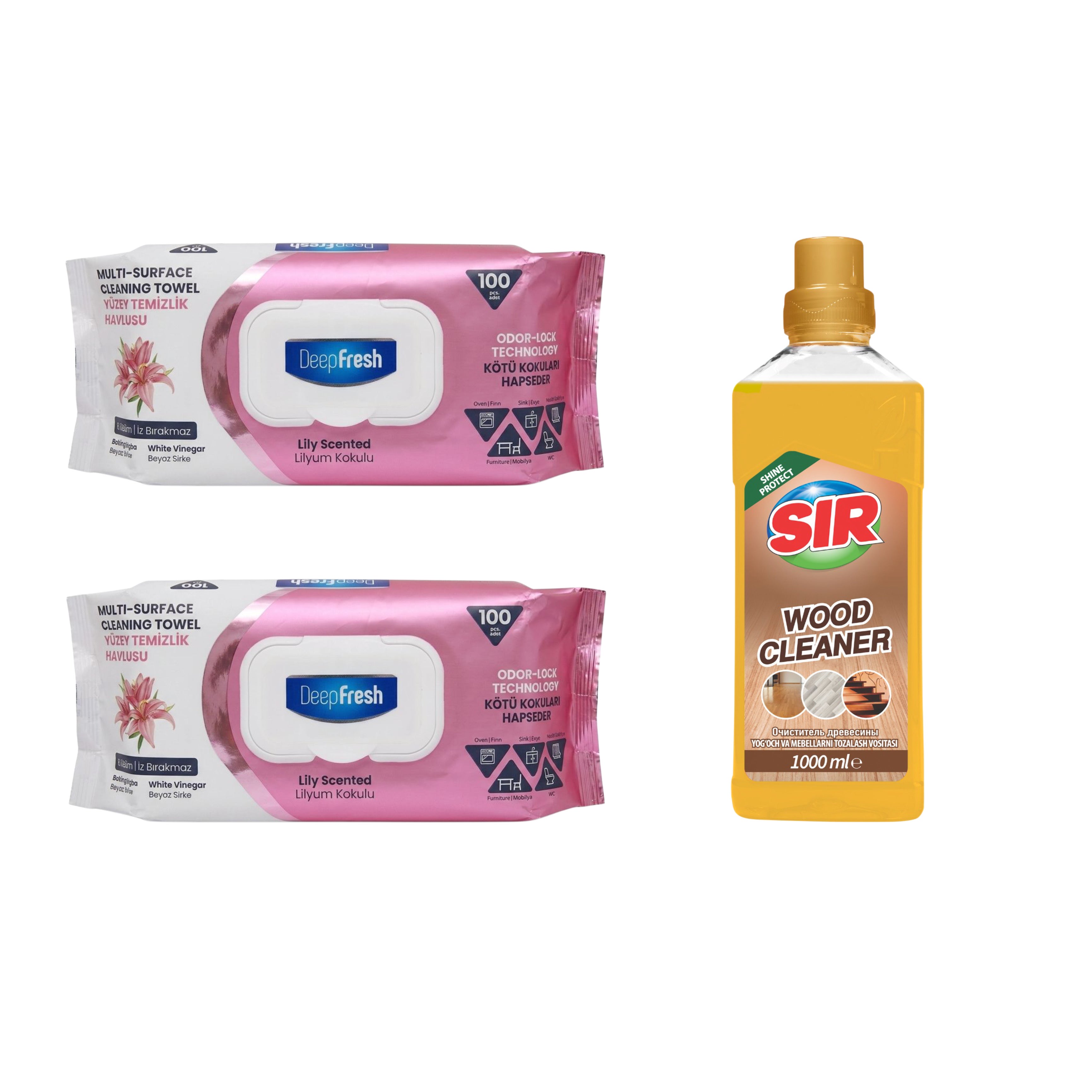 Şerveţele umede pentru multi suprafeţe Crini , bicarbonat şi oțet Deep Fresh Odor Lock Technology 100 de bucăți x 2 pachete + Soluție pentru parchet Sir Shine Protect