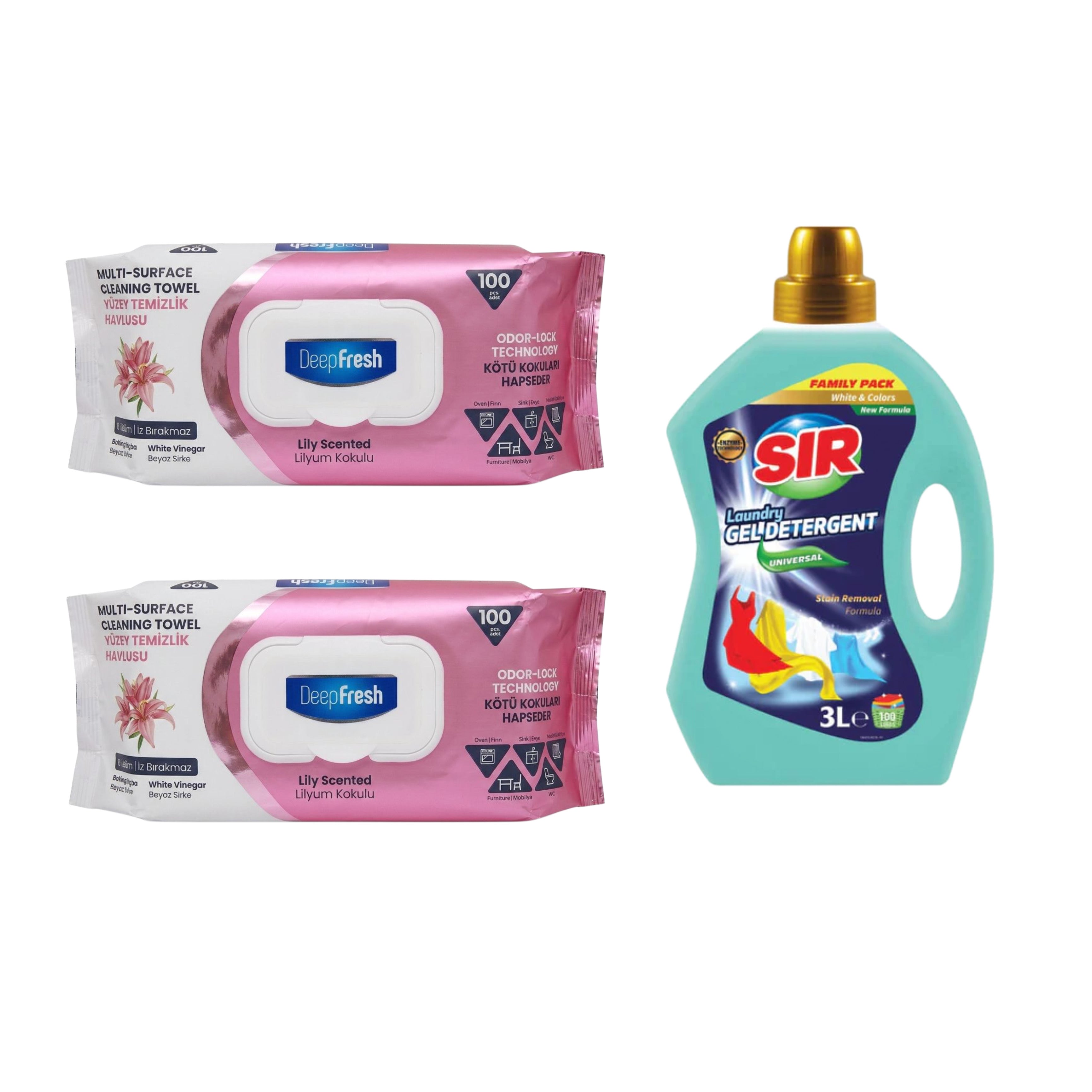Şerveţele umede pentru multi suprafeţe Crini , bicarbonat şi oțet Deep Fresh Odor Lock Technology 100 de bucăți x 2 pachete + Detergent pentru haine albe și colorate Sir White & Colors 3 Litri