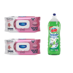 Şerveţele umede pentru multi suprafeţe Crini , bicarbonat şi oțet Deep Fresh Odor Lock Technology 100 de bucăți x 2 pachete + Detergent pentru vase Sir Apple