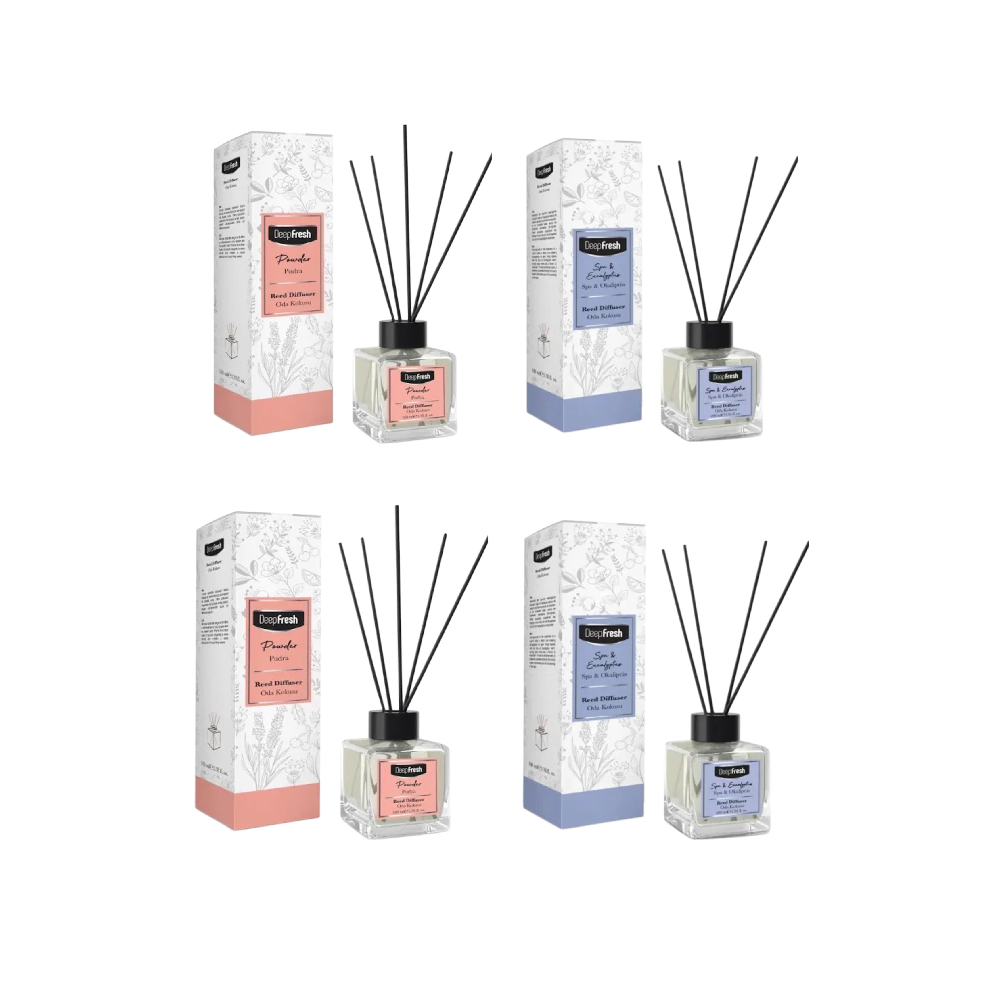 Odorizant de cameră cu bețişoare Deep Fresh  POWDER × 2 bucăți + Odorizant de cameră cu bețişoare Deep Fresh  SPA & EUCALYPTUS × 2 bucăți