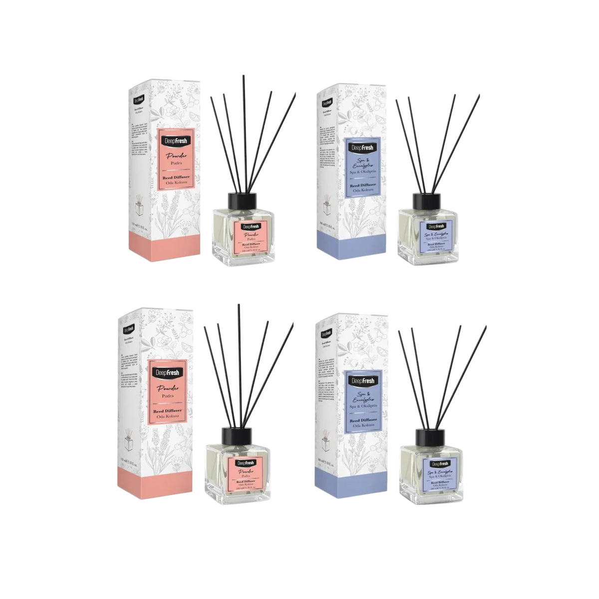 Odorizant de cameră cu bețişoare Deep Fresh  POWDER × 2 bucăți + Odorizant de cameră cu bețişoare Deep Fresh  SPA & EUCALYPTUS × 2 bucăți