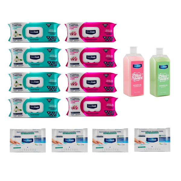 Nou: Șervețele Deep Fresh Iasomie 100 bucăți + Şerveţele Deep Fresh Crini 100 bucăți + Șervețele Deep Fresh mini 10 bucăți + 2× Gel de duș Milky Shake