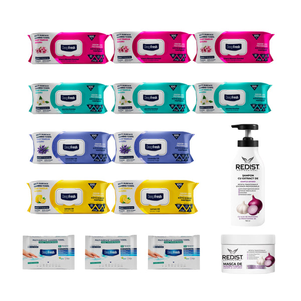 Kit șervețelele multi suprafețe Deep Fresh + Kit Redist împotriva căderii părului cu ceapă și usturoi