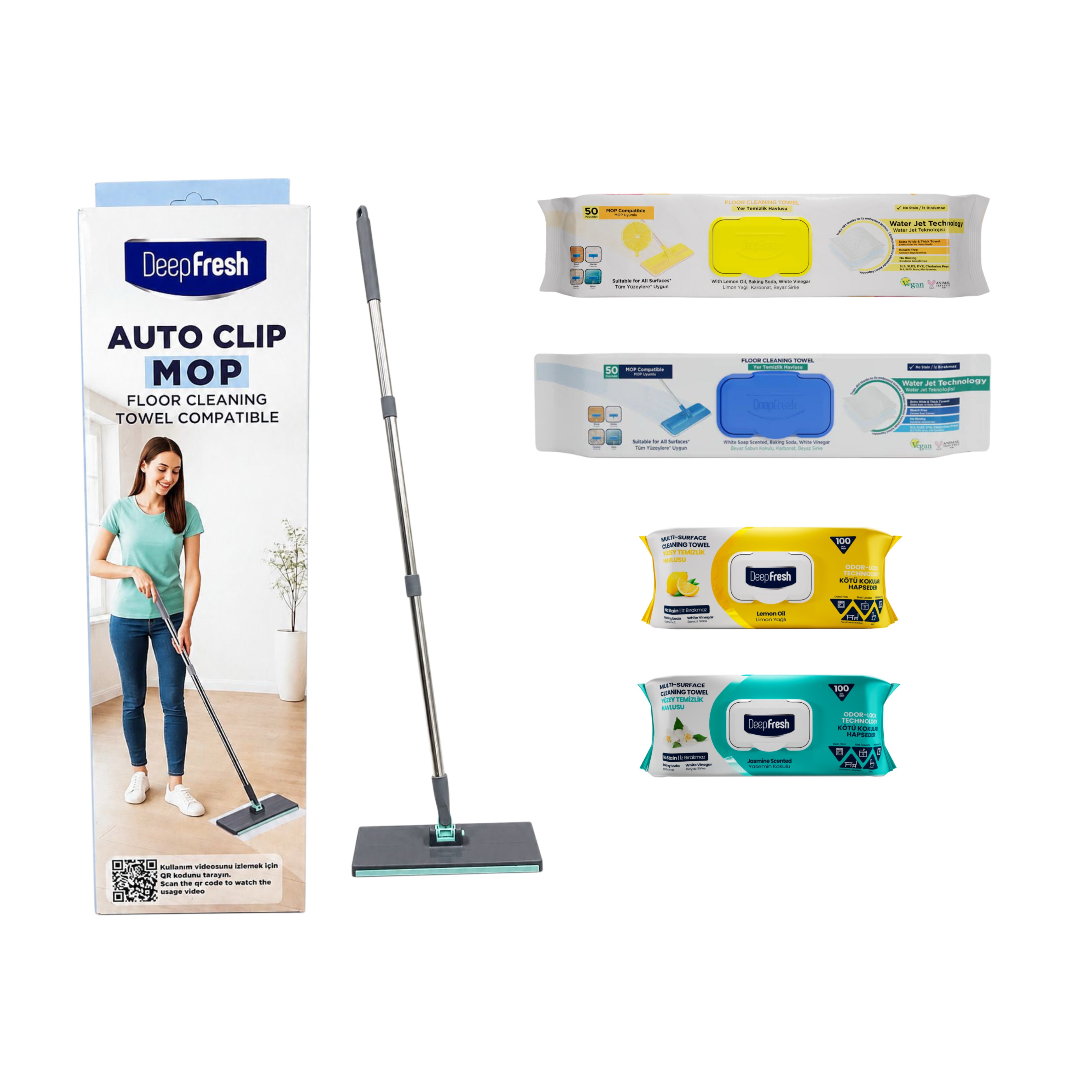 Nou: Mop cu click + 2 rezerve șervețele mop + 2 pachete șervețele mulți suprafețe Deep Fresh