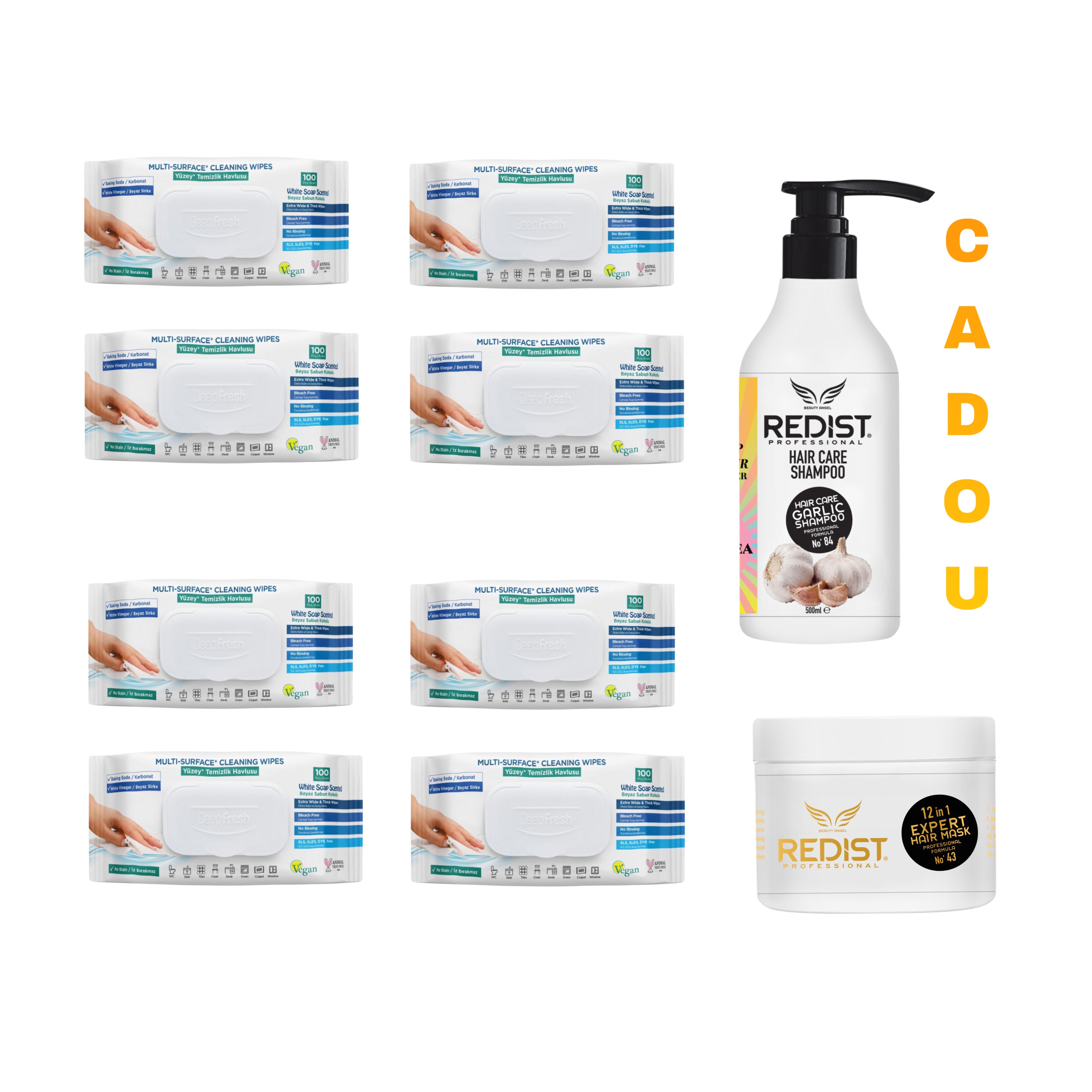 Şerveţele umede pentru multi suprafeţe cu bicarbonat şi oțet Clasice Deep Fresh 100 de bucăți × 8 pachete + Cadou : Șampon usturoi și Mască 12 in 1 Expert