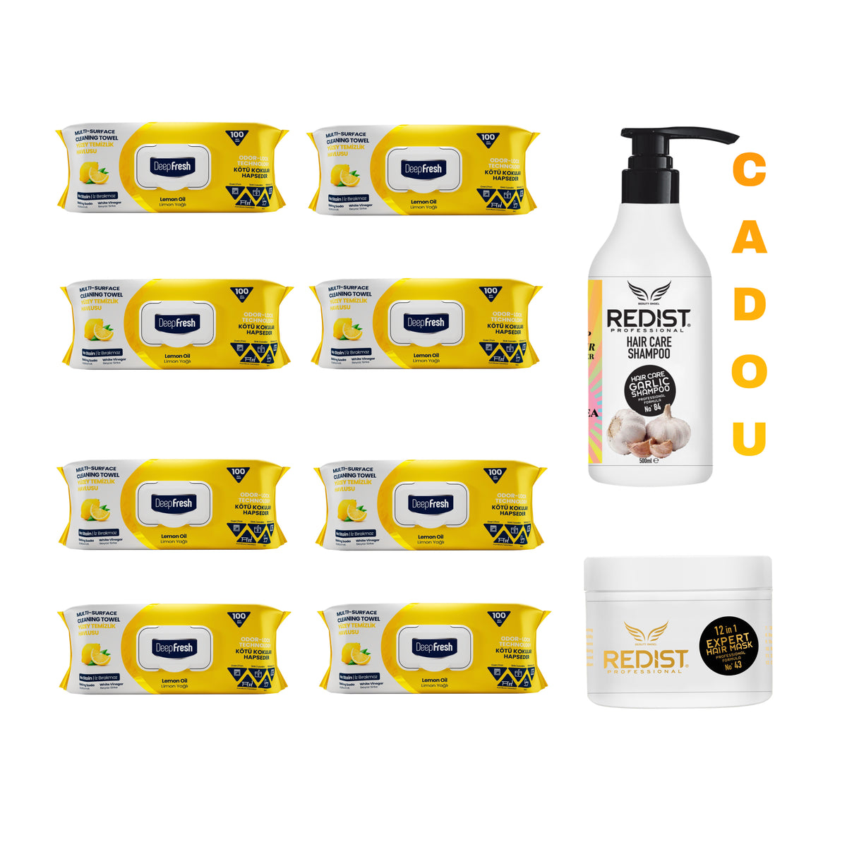 Şerveţele umede pentru multi suprafeţe cu bicarbonat , oțet și Lămâie Odor Lock Deep Fresh 100 de bucăți × 8 pachete + Cadou : Șampon usturoi și Mască 12 in 1 Expert