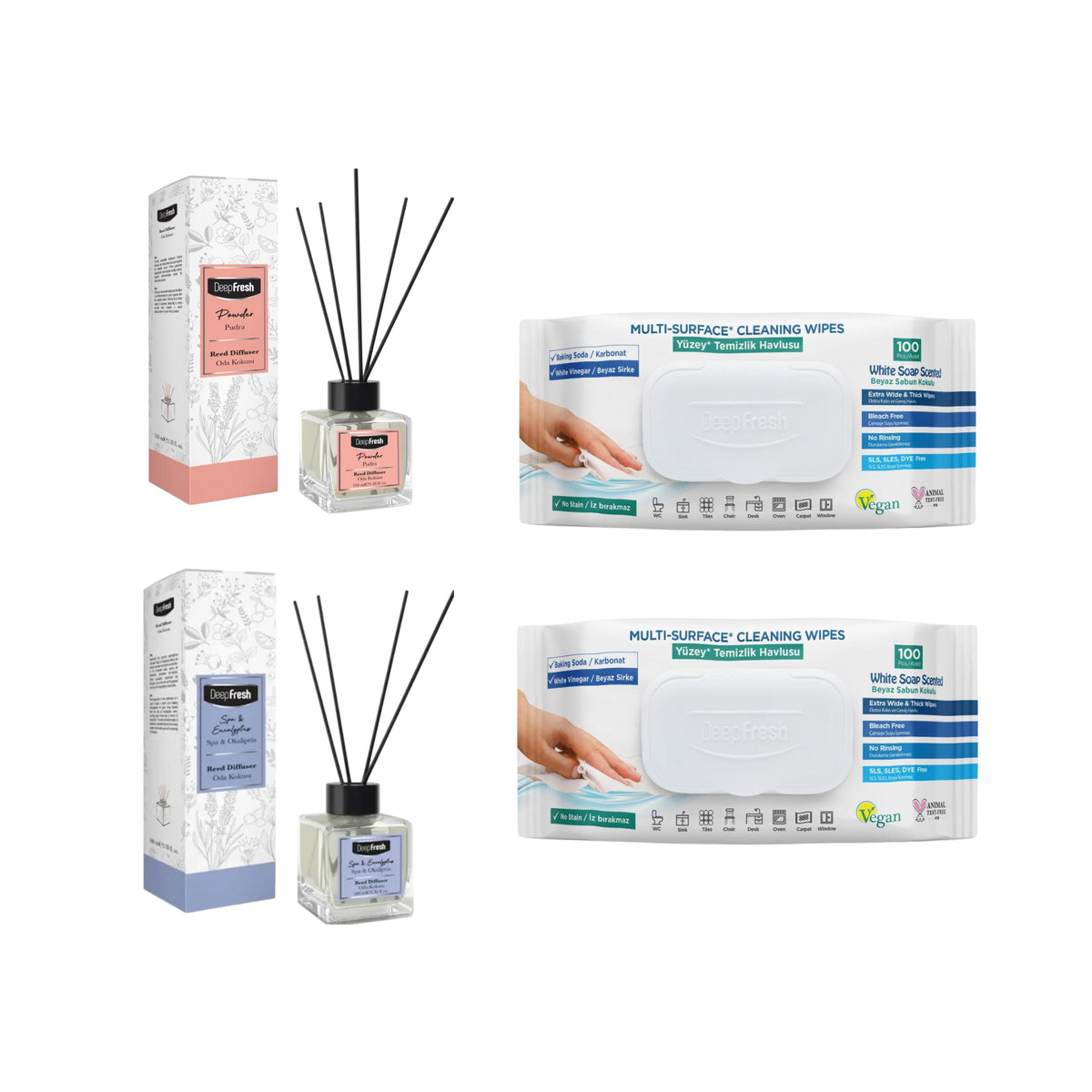 Odorizant de cameră cu bețişoare Deep Fresh  POWDER + SPA & EUCALYPTUS + Şerveţele umede pentru multi suprafeţe cu bicarbonat şi oțet Clasice Deep Fresh 100 de bucăți × 2 pachete