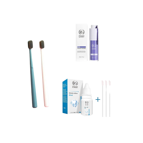 Pachet profesional pentru albirea dintilor: Corector de Culoare a Dintilor V34 Royal Gold by REDIST 30 ml + Solutie albire dinti Royal Gold by Redist + Cadou: 2 bucati Periute de dinti - Redist