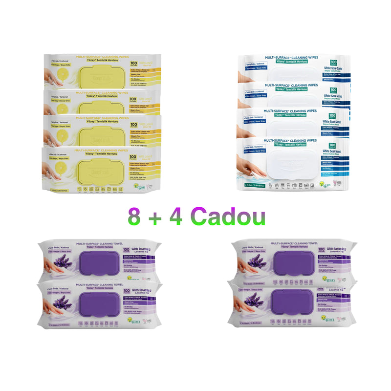 8 + 4 Cadou: Şerveţele umede pentru multi suprafeţe cu bicarbonat şi oțet Deep Fresh 100 de bucăți × 4 pachete, Servetelele bicarbonat, oțet si lămâie × 4 pachete, Servetele bicarconat, oțet si lavandă × 4 pachete