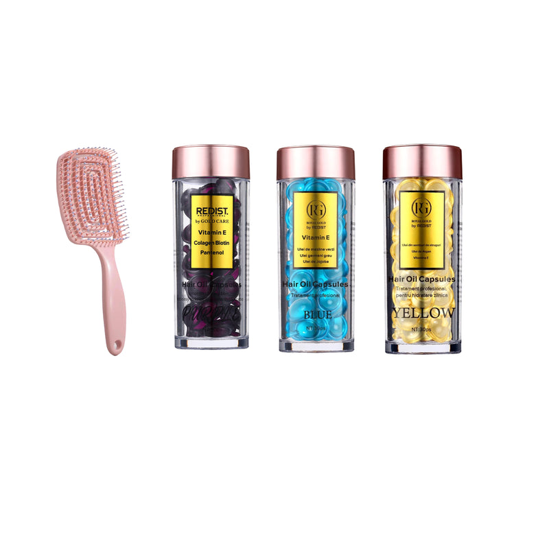 Capsule pentru par cu Biotina Purple Redist 30 buc + Capsule ser tratament pentru păr Blue Royal Gold by Redist 30 Buc + Capsule ser tratament pentru par Yellow Royal Gold by REDIST 30 buc + Perie pentru par flexibila
