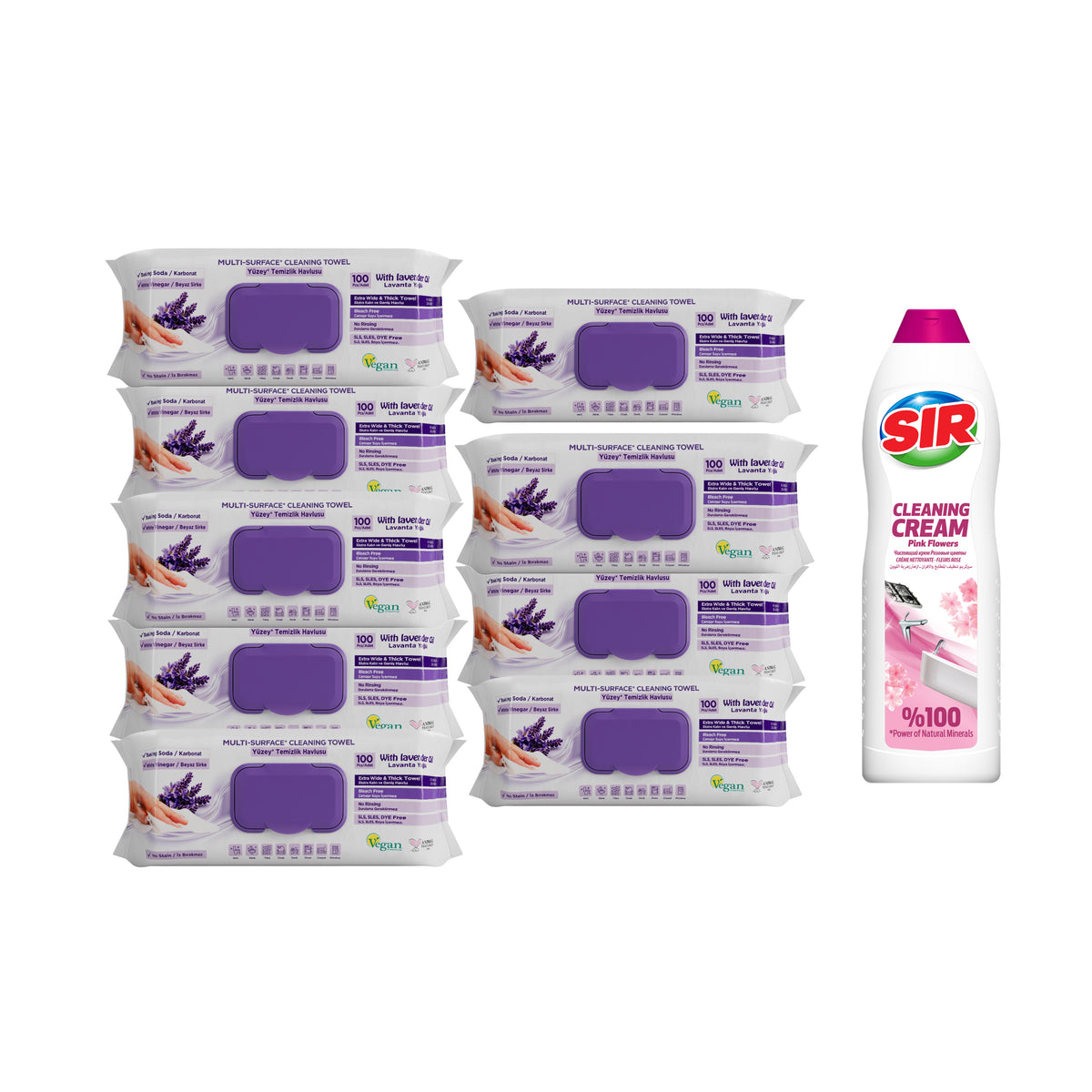 Şerveţele umede pentru multi suprafeţe cu lavandă , bicarbonat şi oțet Deep Fresh 100 de bucăți × 9 pachete + Soluția de curățat cremă SIR Pink Flowers 735 ml