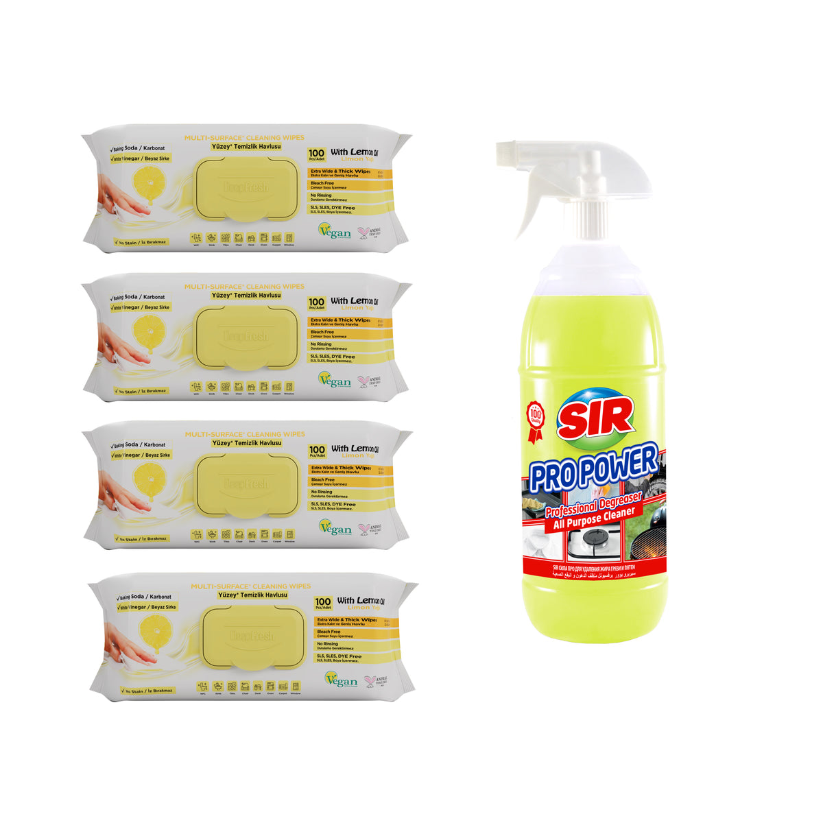 4 Pachete Șervețele Deep Fresh multisuprafețe lemon + Cadou Soluție degresantă Sir Pro Power 1000 ml - Redist