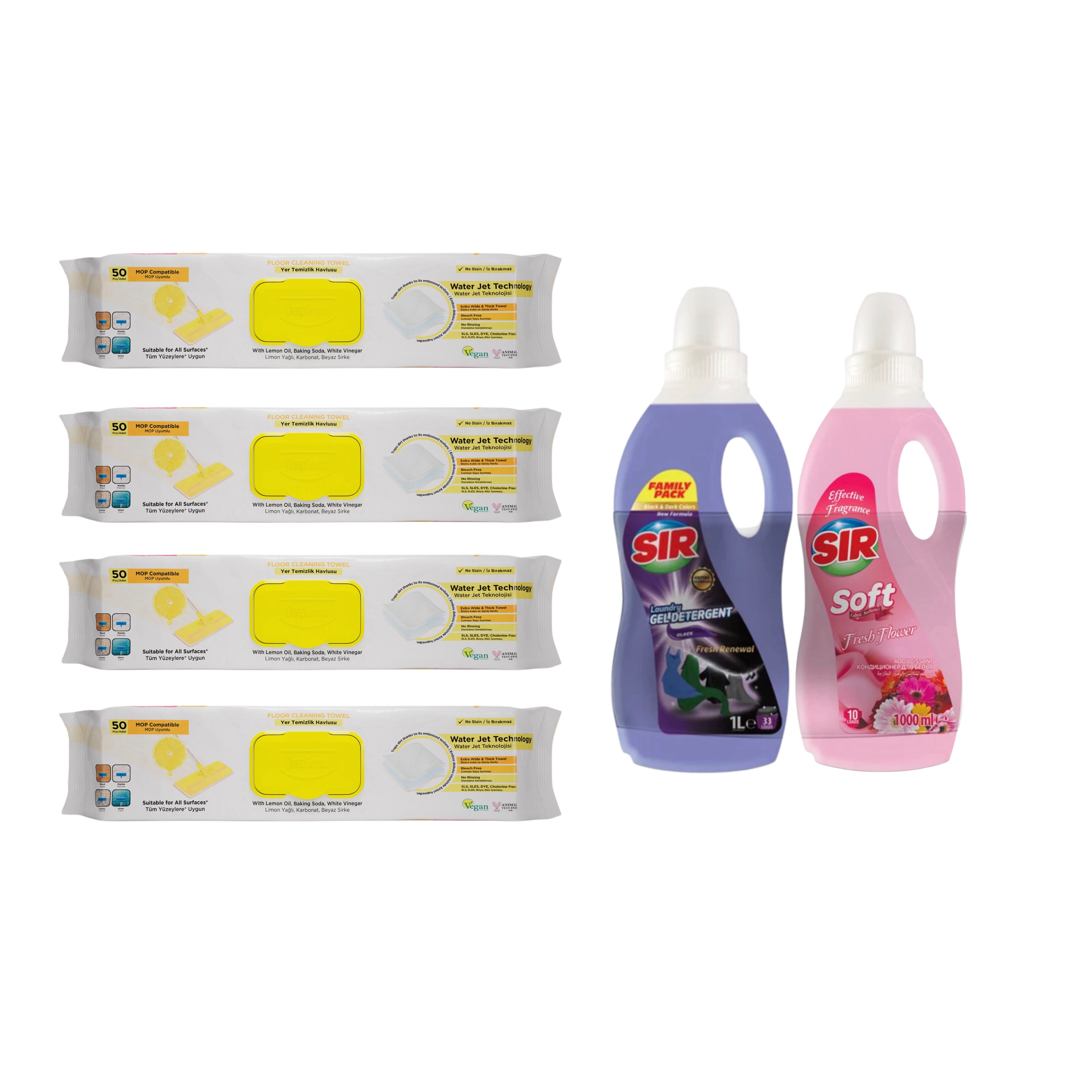 Șervețele mop cu lămâie, bicarbonat și oțet × 4 pachete + Detergent rufe negre + Balsam rufe