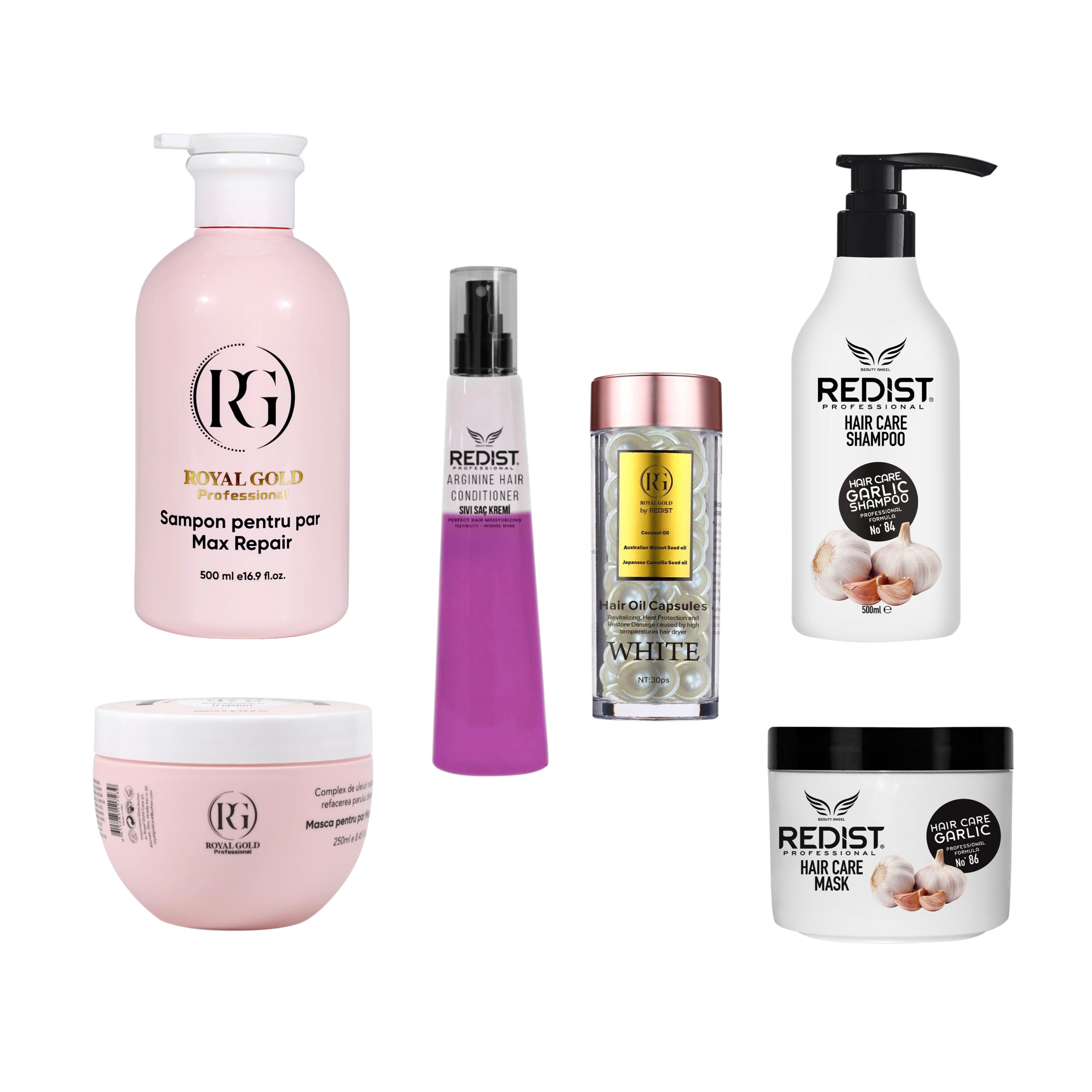 Nou: Max Repair Pink + Redist usturoi creștere și regenerare + Balsam Bifazic Arginin + Capsule Cocos Royal Gold