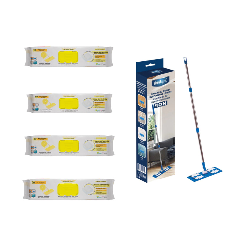 Set Mop + Șervețele mop pentru multi suprafețe cu lămâie , bicarbonat si otet 50 buc x 4 pachete